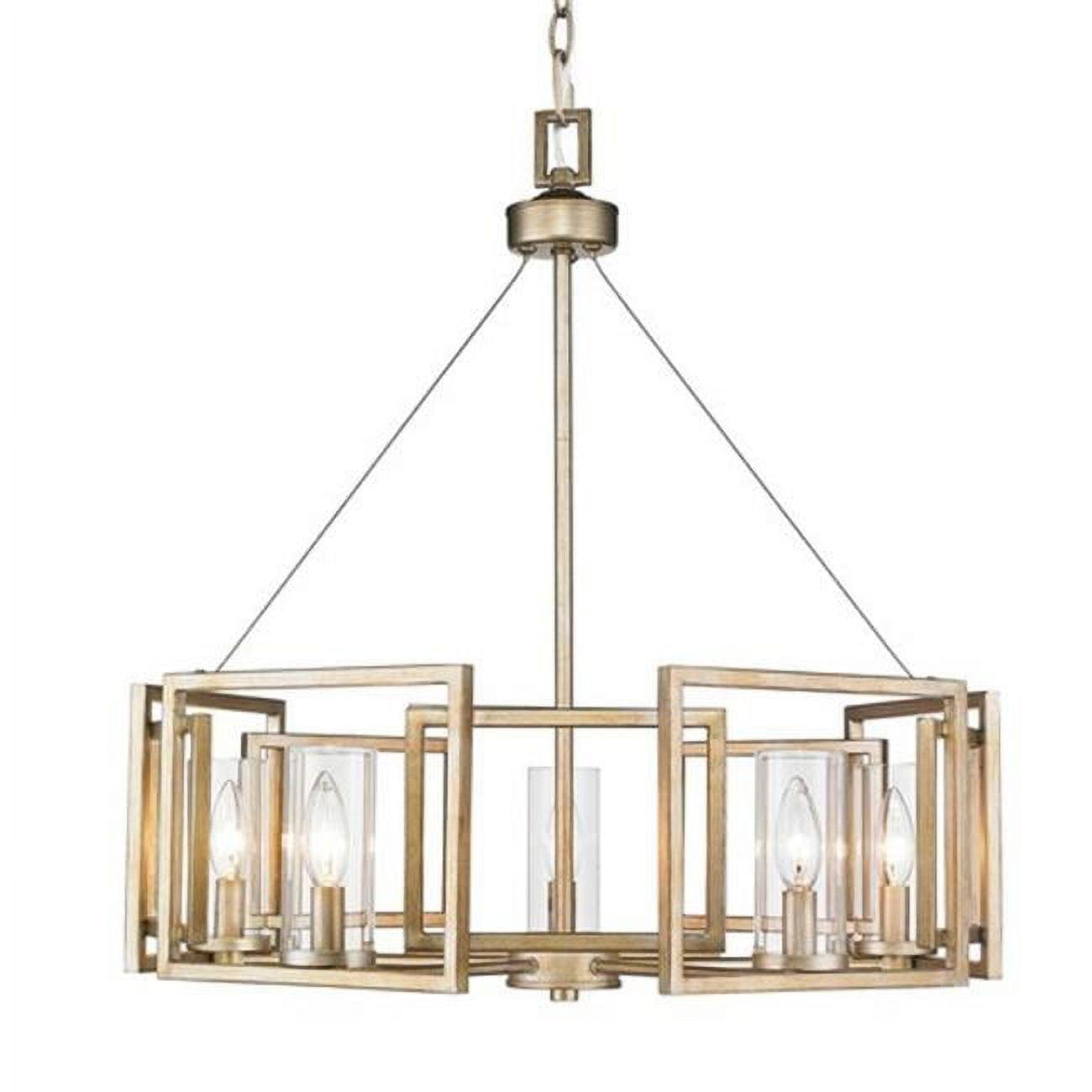 Elegant White Gold 5-Light Chandelier with Clear Glass Cylinders