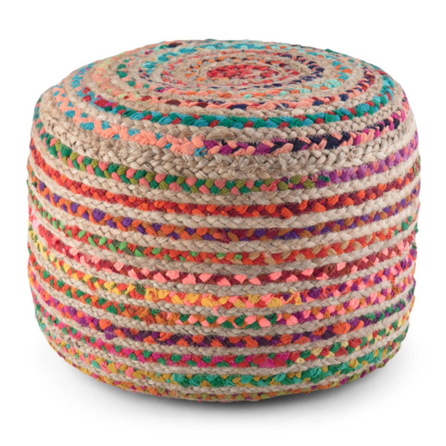 Margo Boho Hand-Braided Jute & Cotton Round Pouf, Multicolor