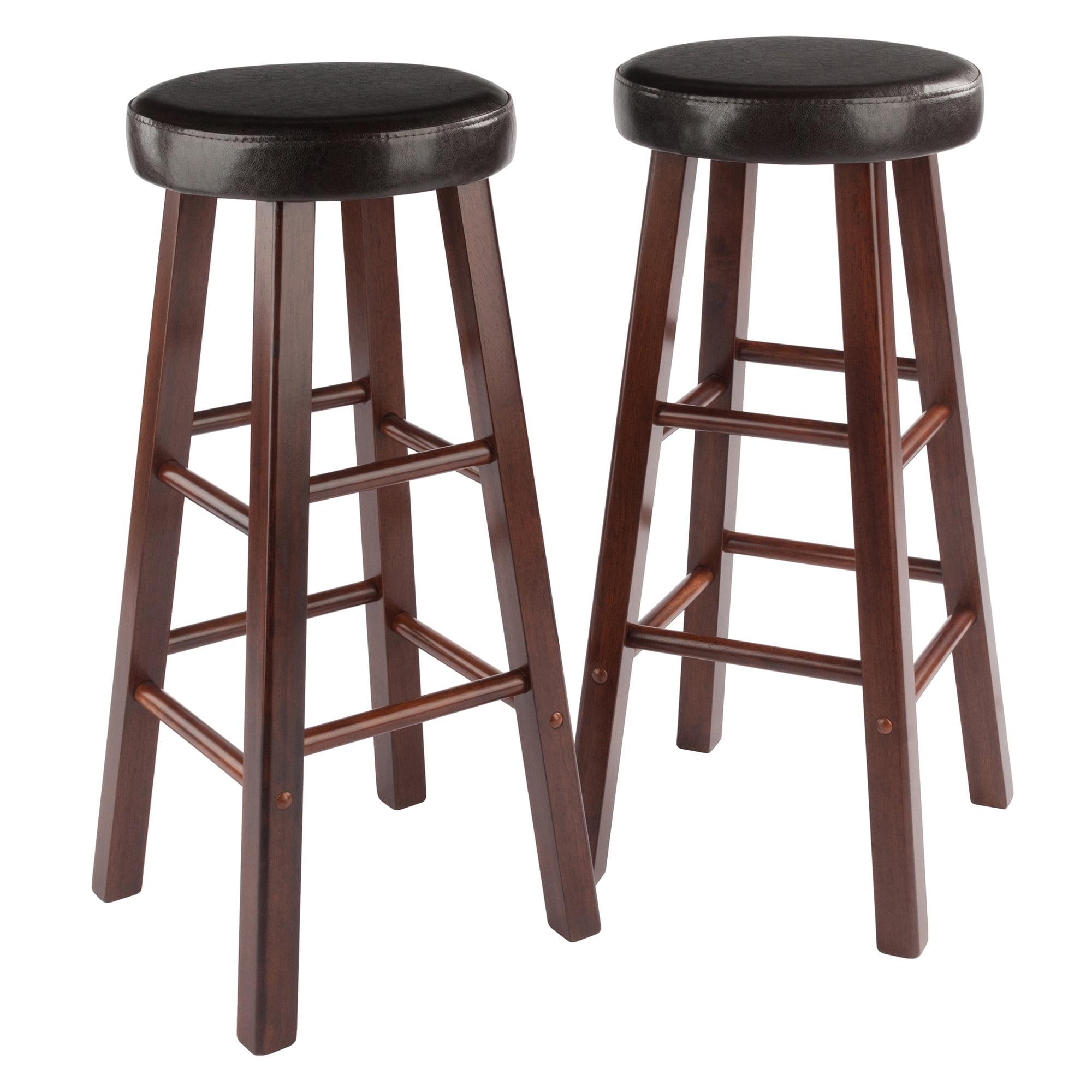 Transitional Walnut Brown Wood Bar Stool with Espresso Cushion, 30"