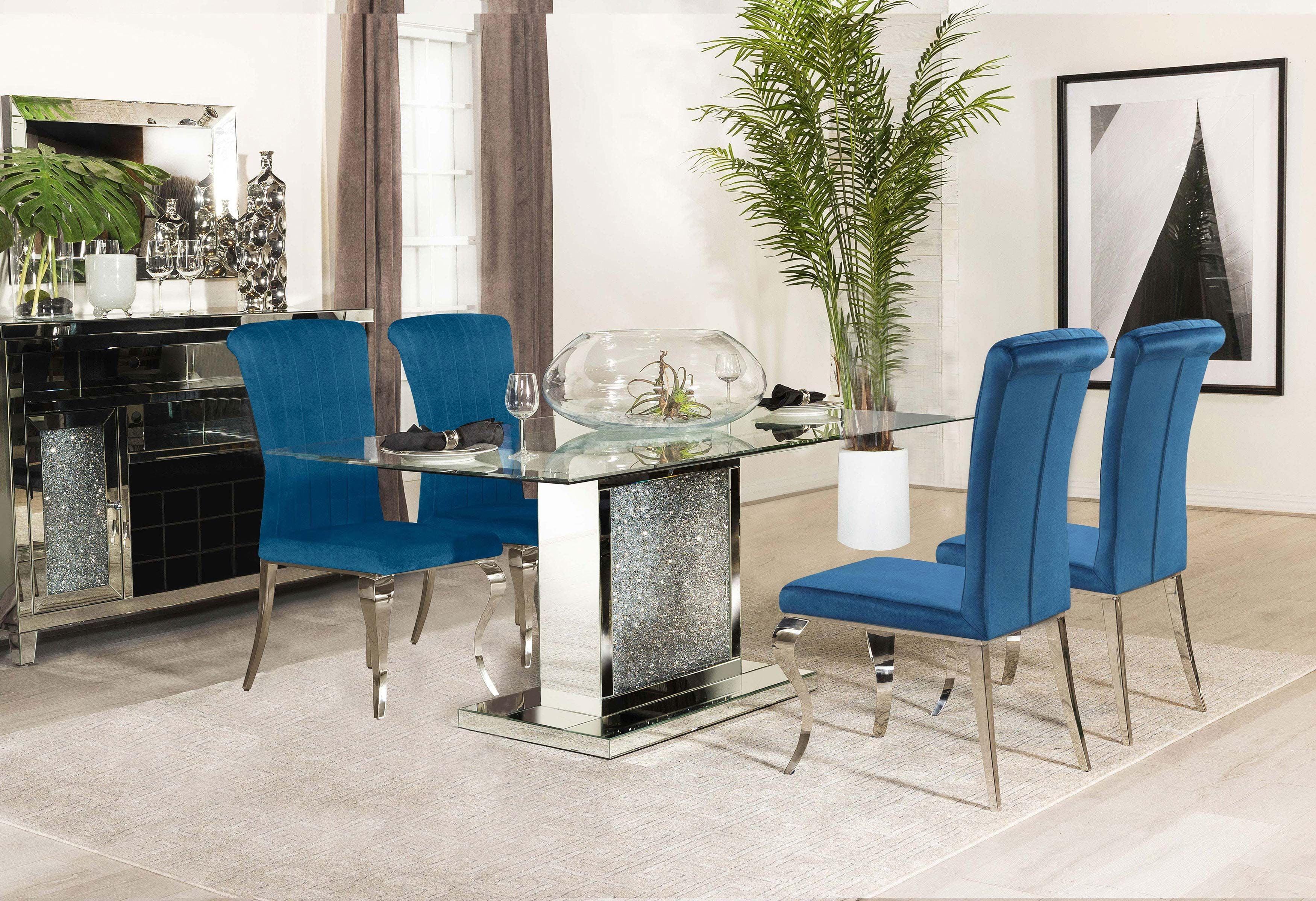 Marilyn 5-Piece Blue Velvet and Glass Dining Set