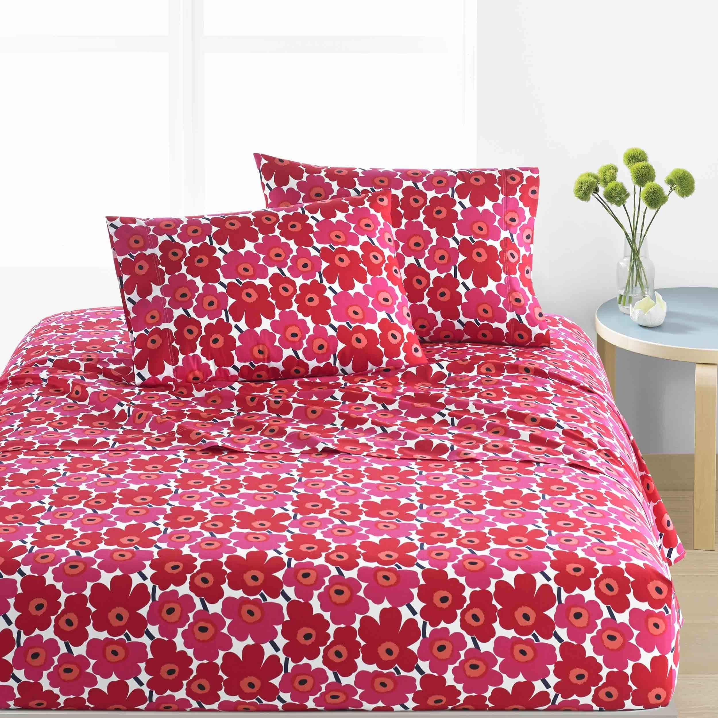 Marimekko Red Floral Cotton Percale Full Sheet Set