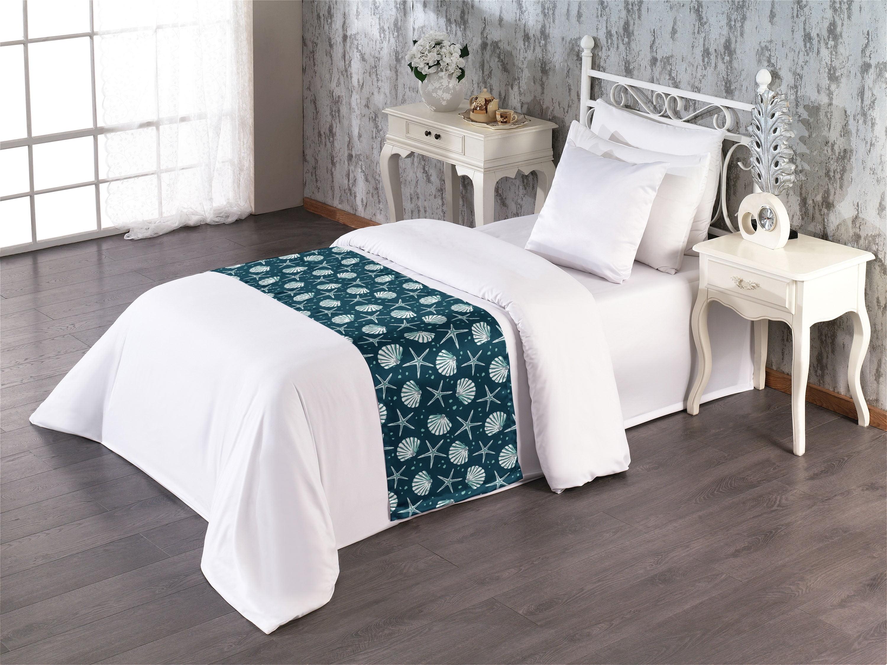 Twin Blue Polyester Satin Coastal Print Bed Runner Set