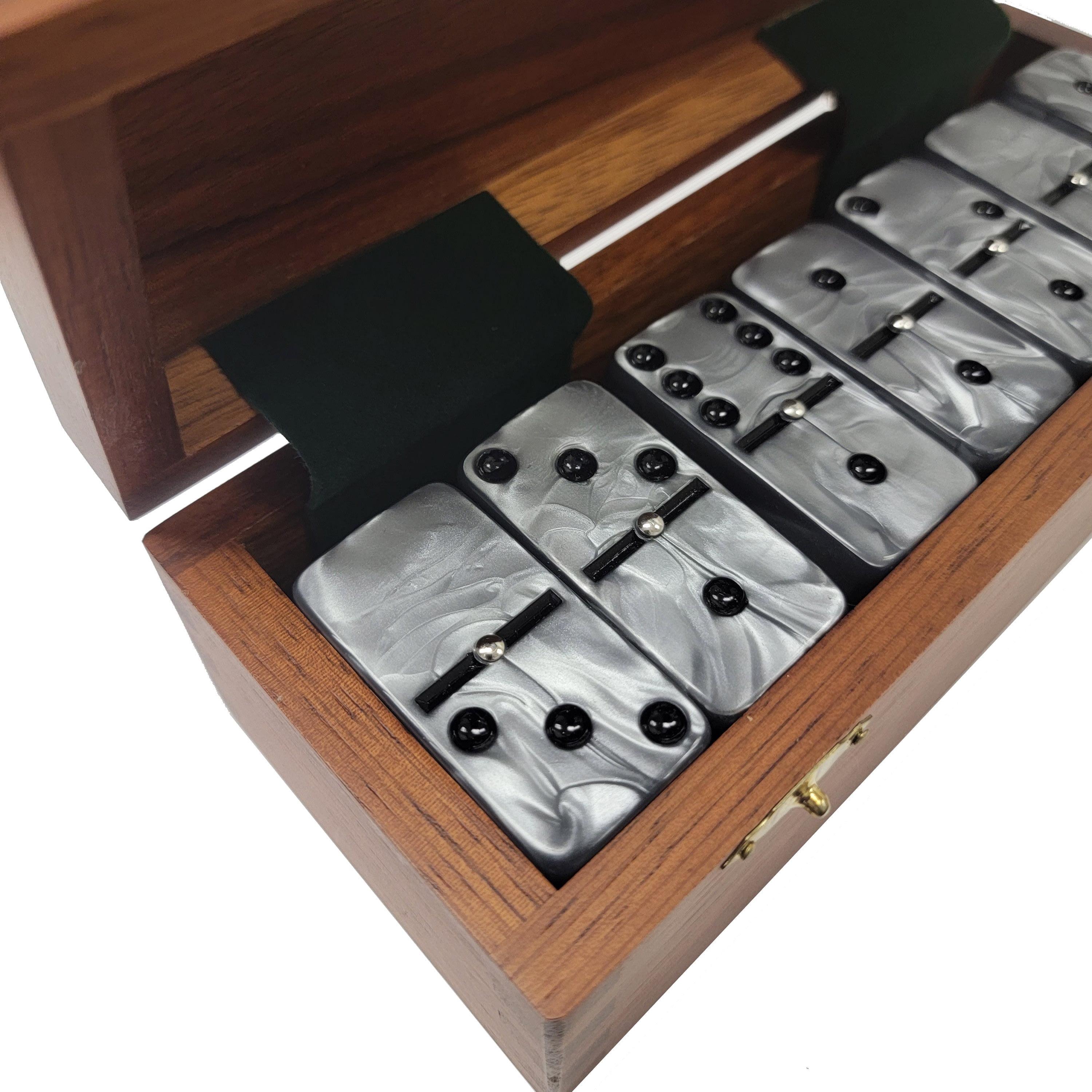 Silver Marbleized Jumbo Double Six Dominoes with Sheesham Wood Box