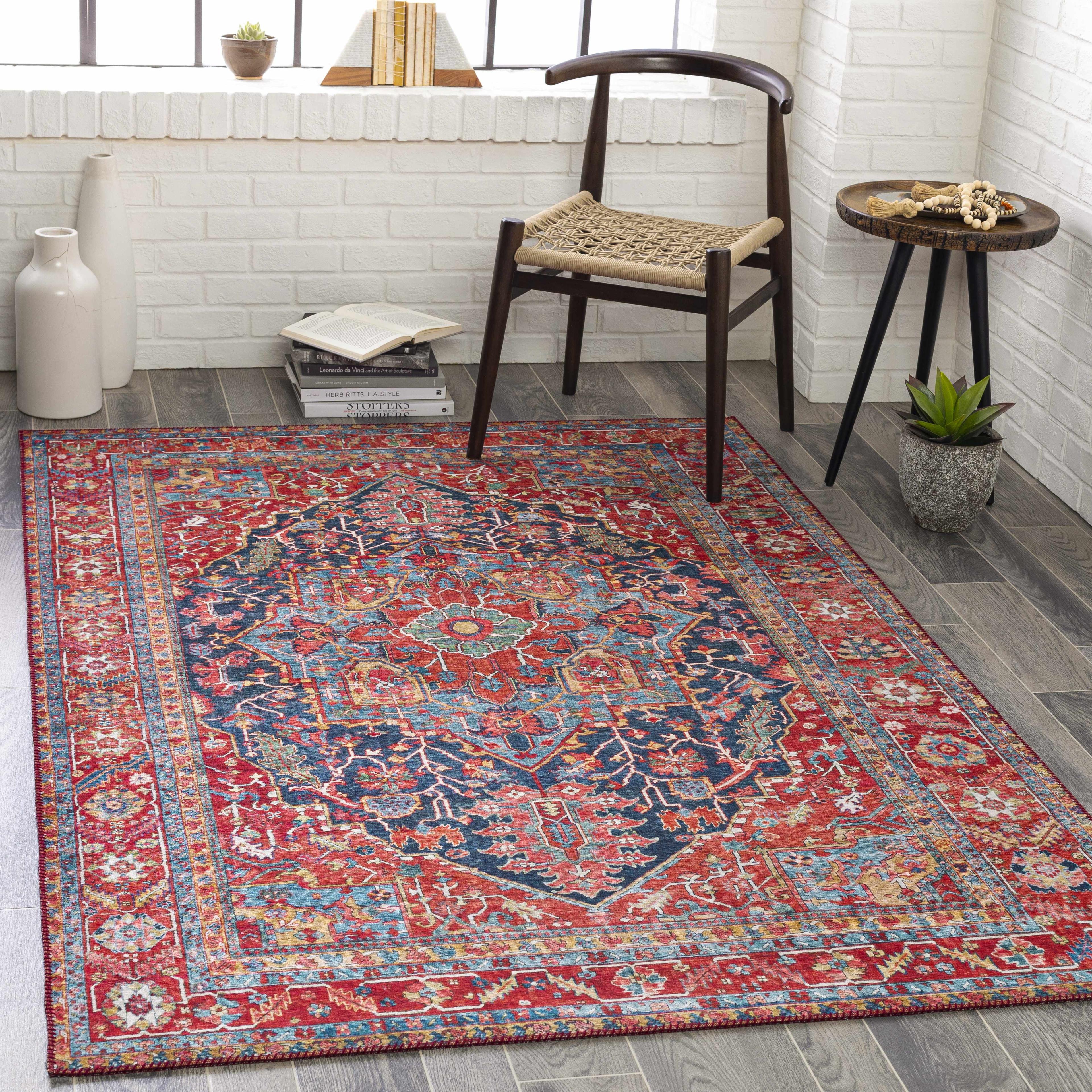 Linden Bright Red Hand-Knotted Synthetic Oval Rug