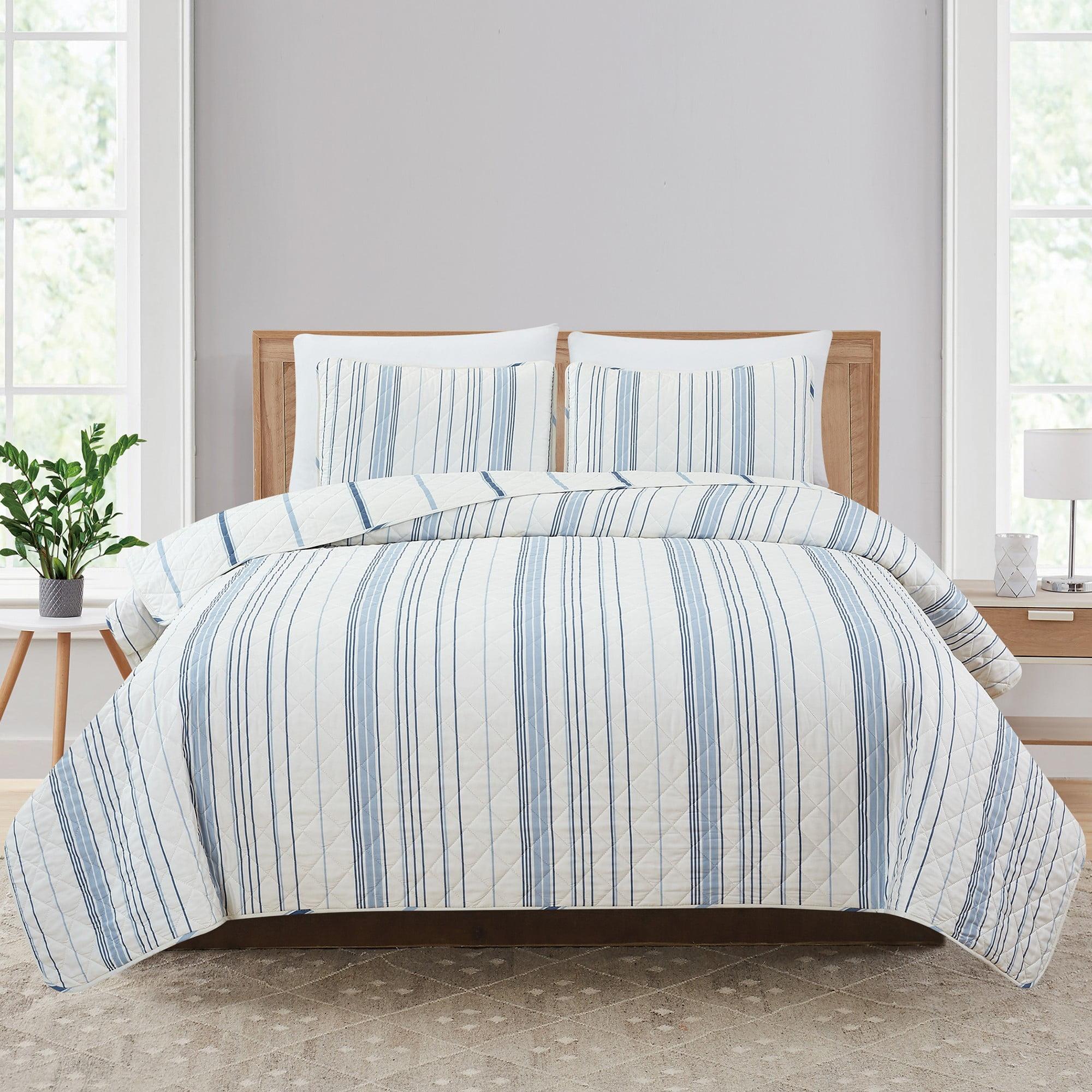 Sofia Ivory & Blue Striped Reversible Microfiber Quilt Set - Full/Queen