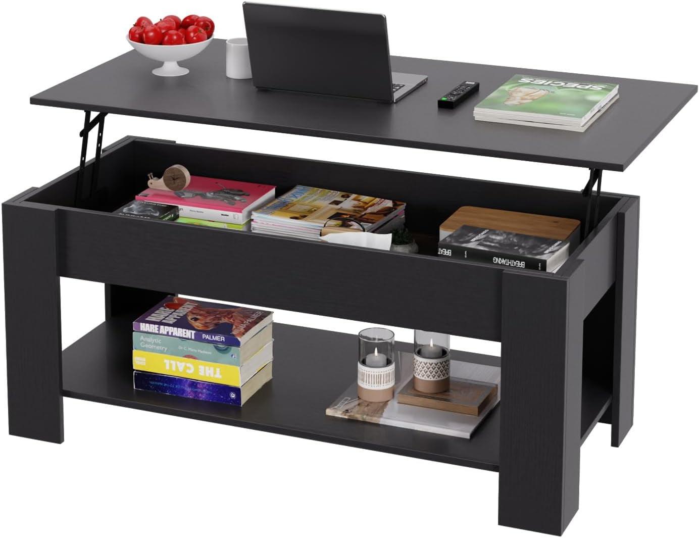 FDW Coffee Table Lift Top Coffee Tables with Hidden Compartment and Storage Shelf Wooden Lift Tabletop Dining Table for Living Room Home (Black)