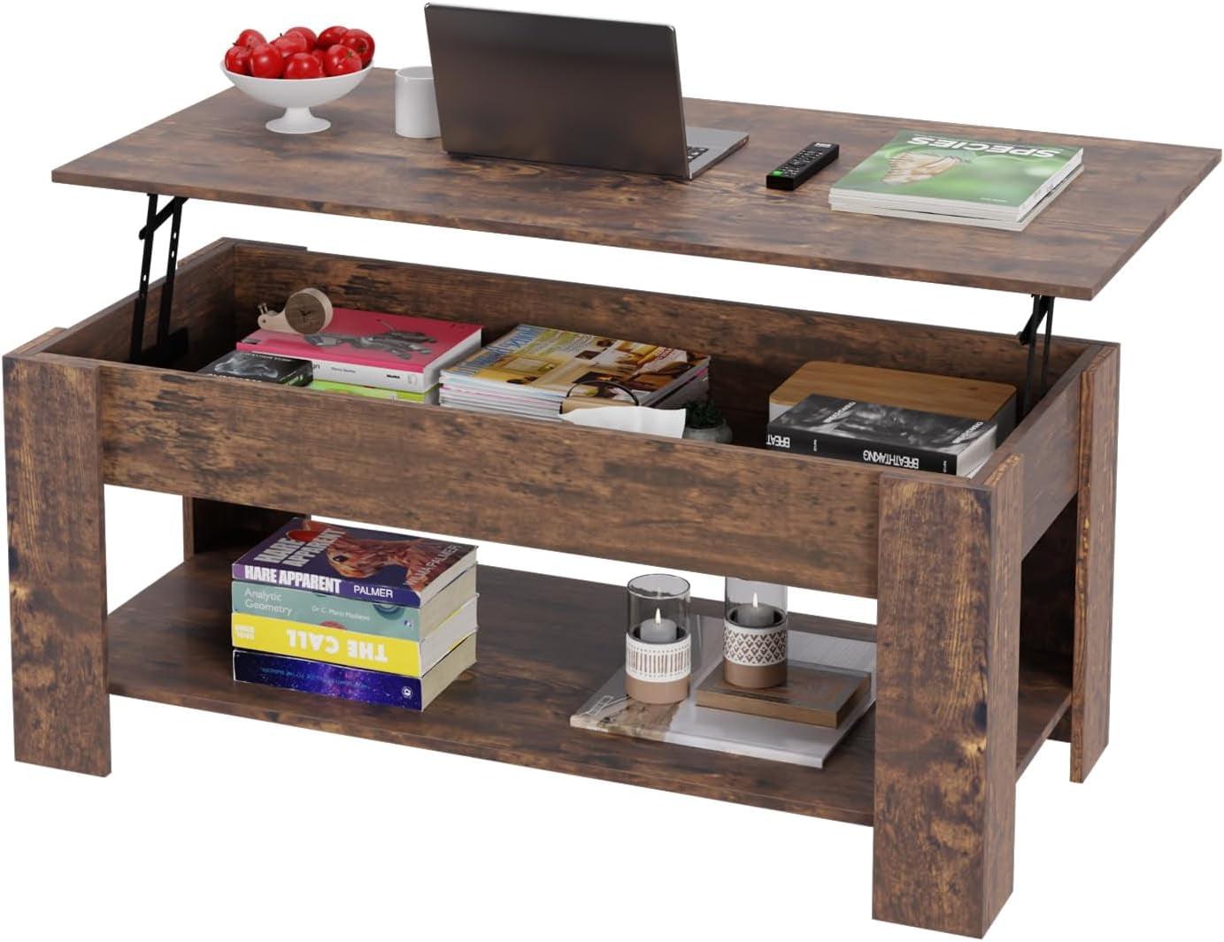FDW Coffee Table Lift Top Coffee Tables with Hidden Compartment and Storage Shelf Wooden Lift Tabletop Dining Table for Living Room Home (Brown)