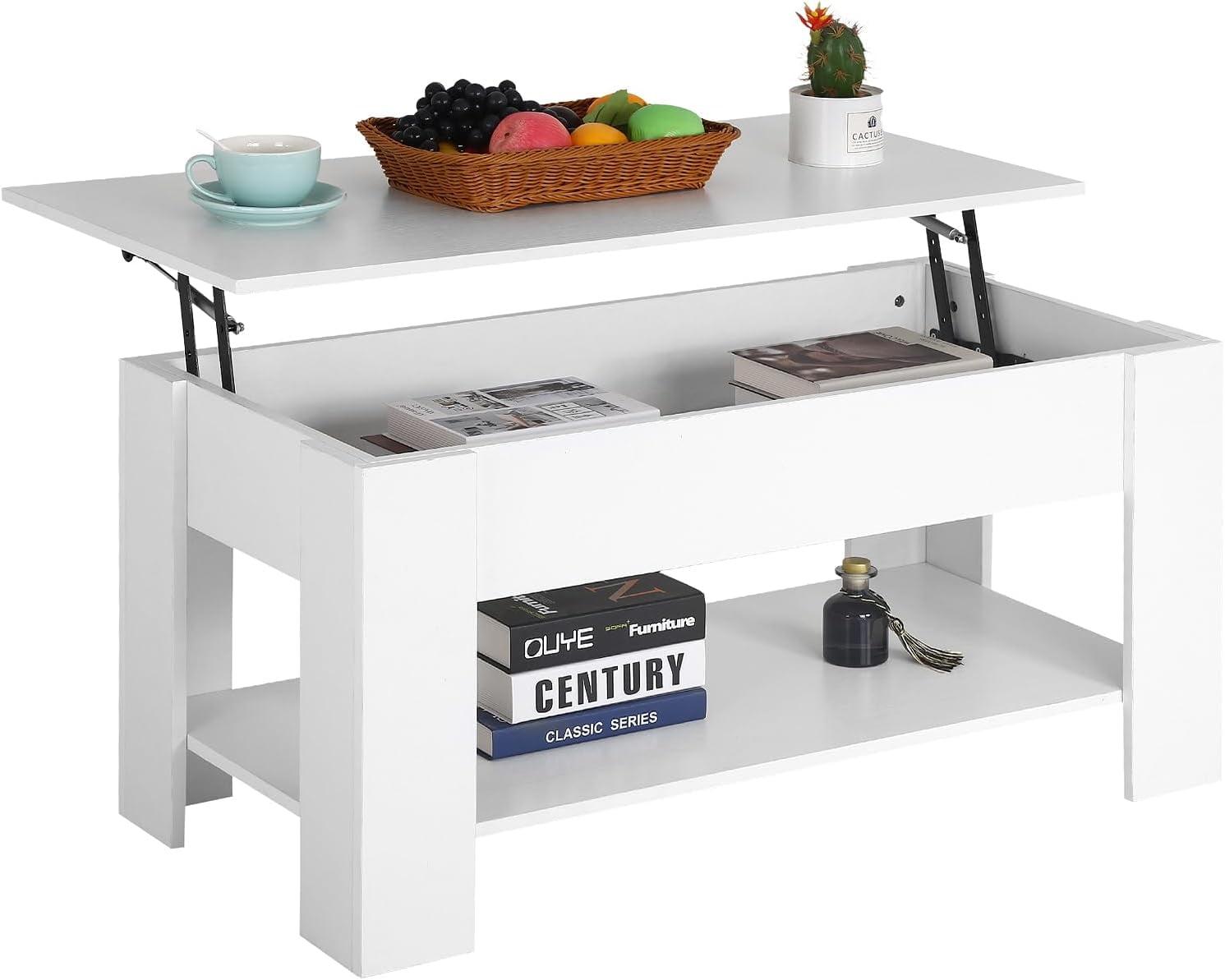 FDW Coffee Tables with Hidden Compartment and Storage Shelf Wooden Lift Tabletop Dining Table for Living Room Home (White)