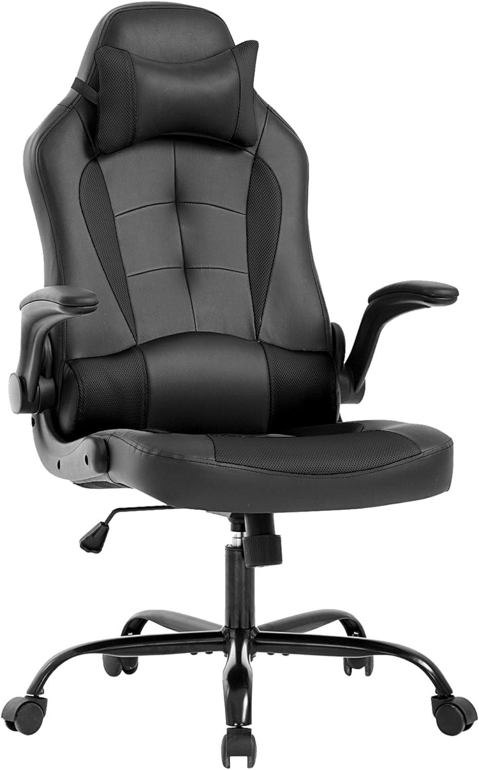FDW PC Gaming Chair Ergonomic Office Chair Desk Chair with Lumbar Support Flip Up Arms Headrest PU Leather Executive High Back Computer Chair,Black