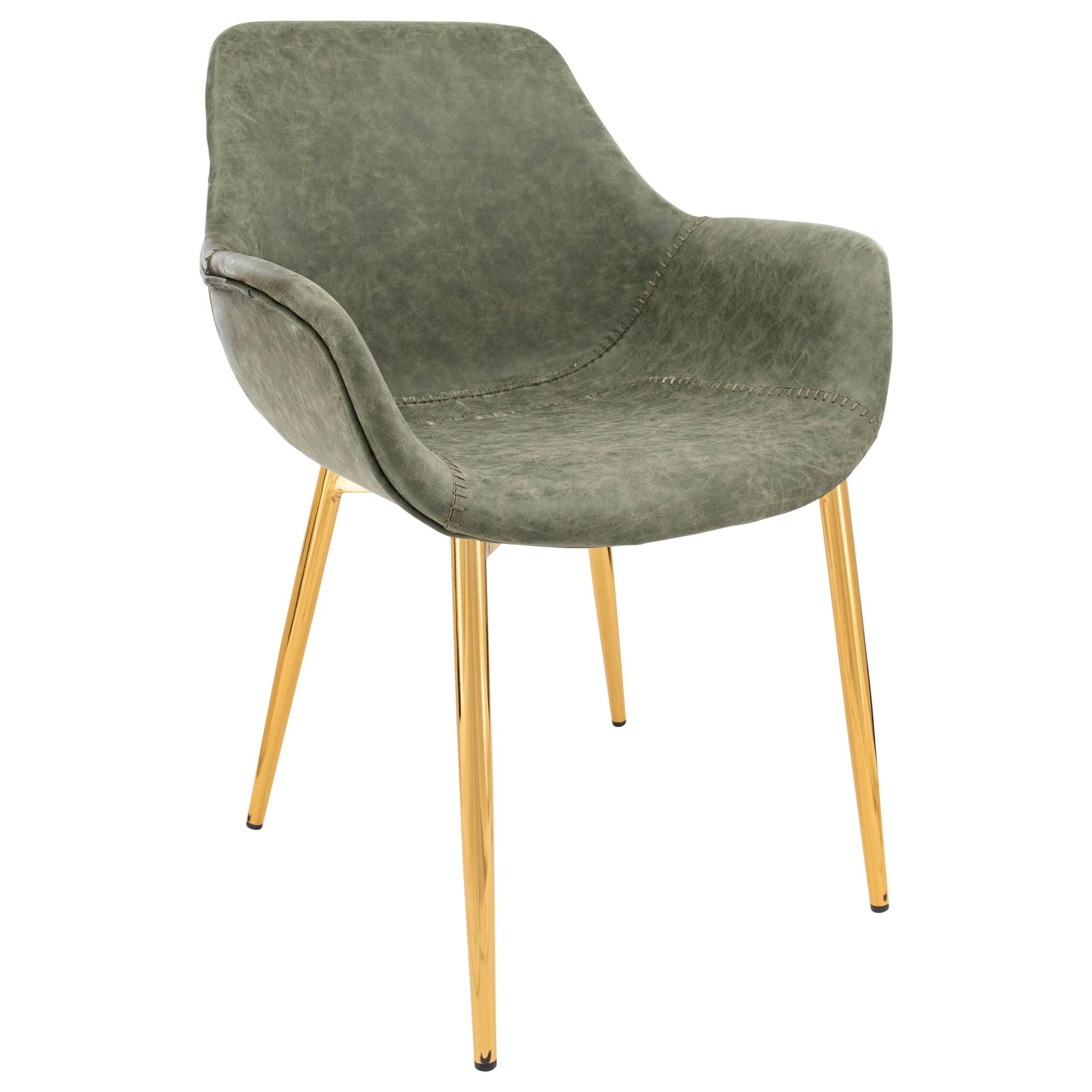 LeisureMod Markley Faux Leather Dining Chair with Arms and Gold Metal Legs, Olive Green