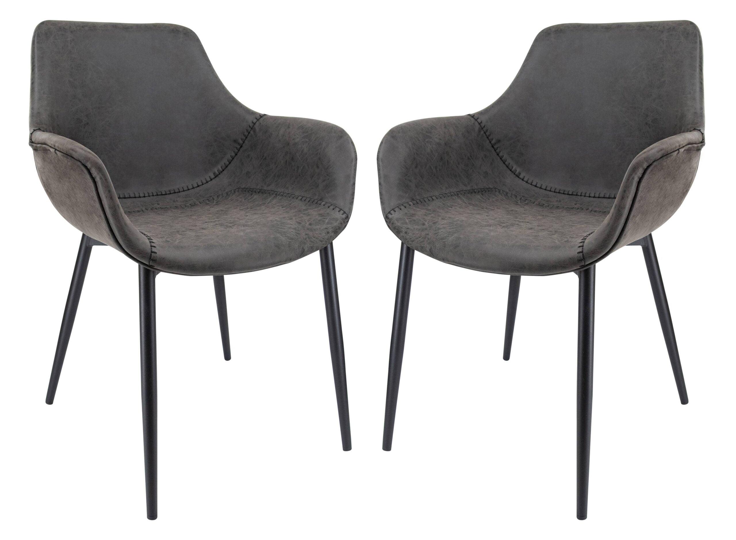 Markley Modern Leather Dining Arm Chair With Metal Legs Set of 2 - Charcoal Black