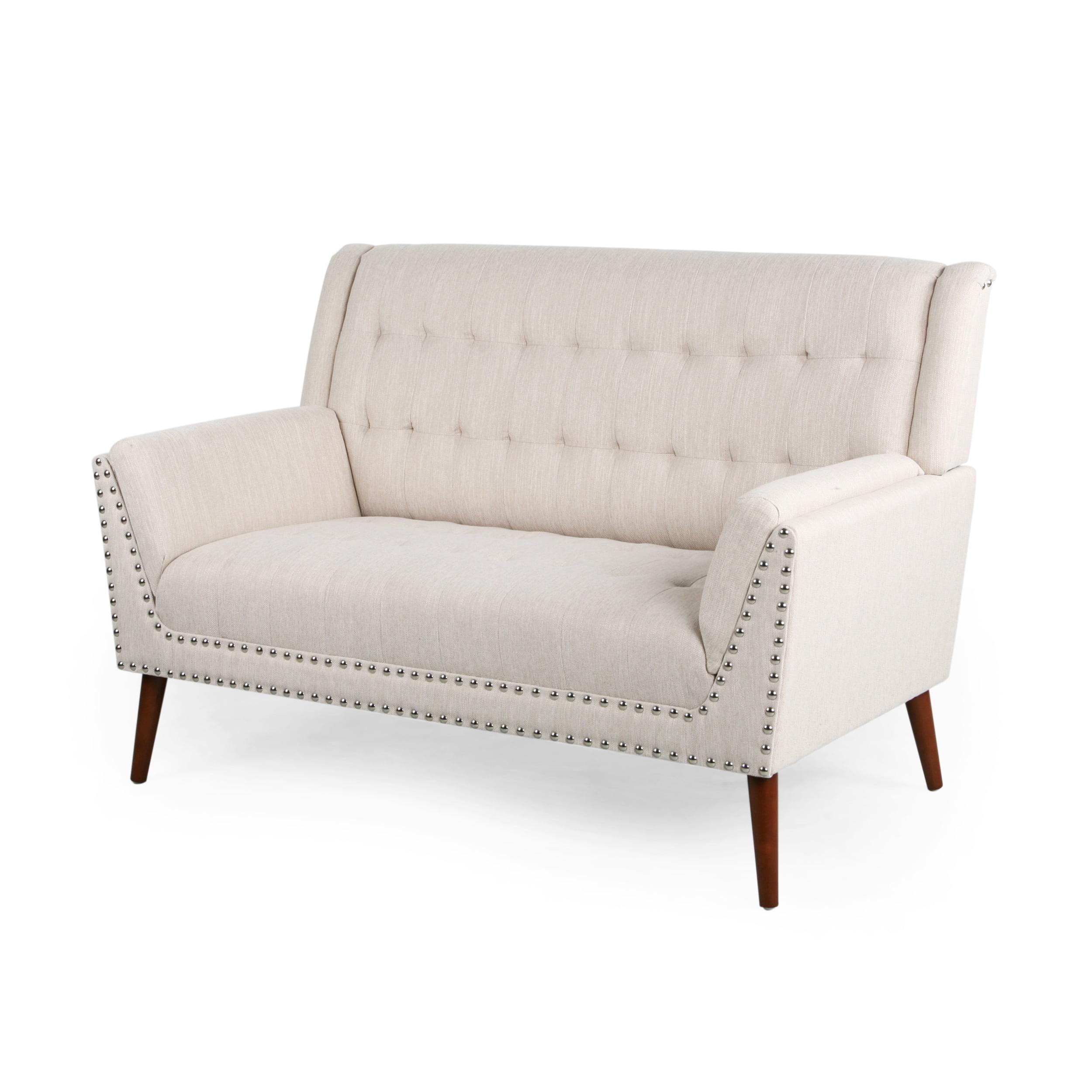 Beige Tufted Fabric Settee with Nailhead Trim