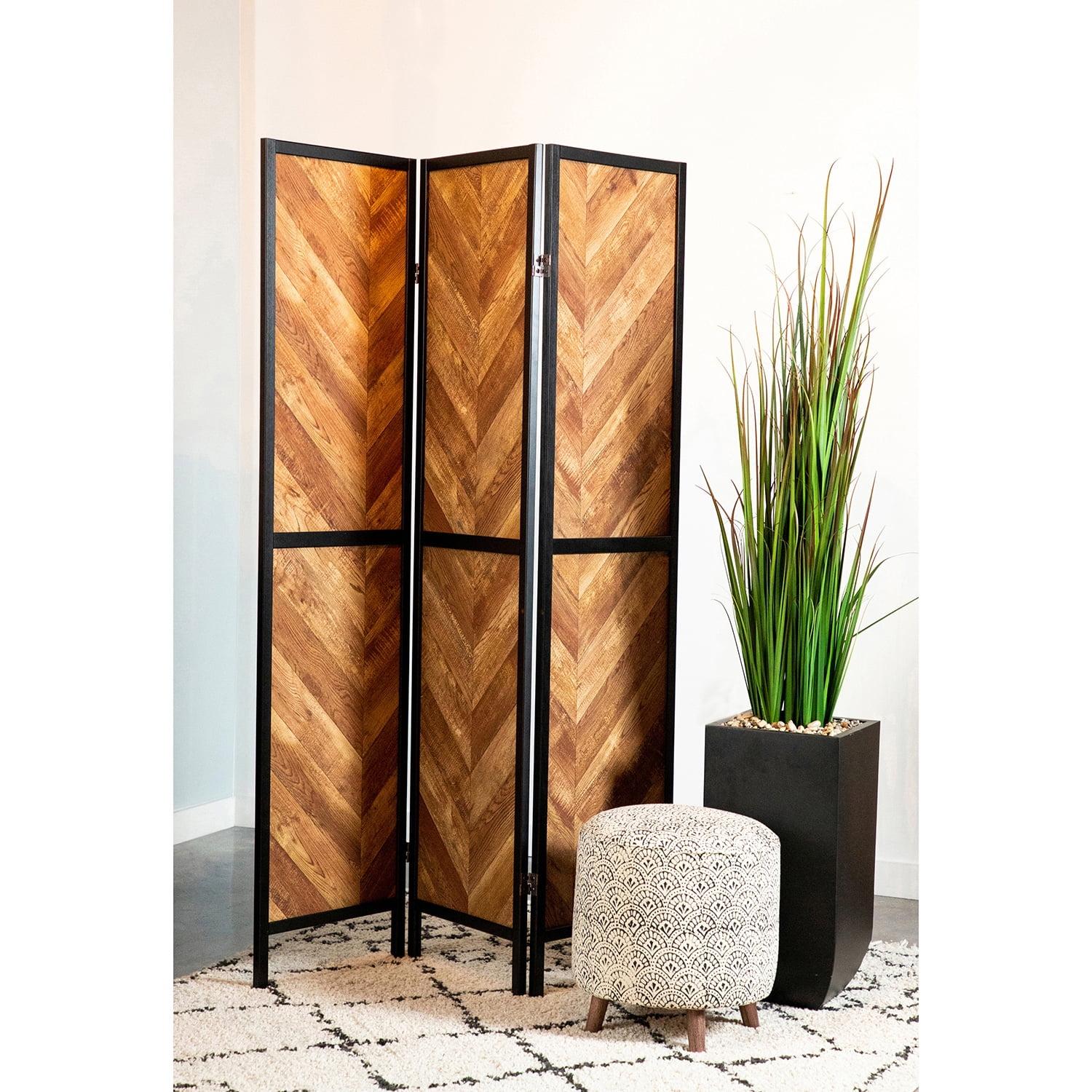 Rustic Tobacco and Black Herringbone 3-Panel Folding Screen