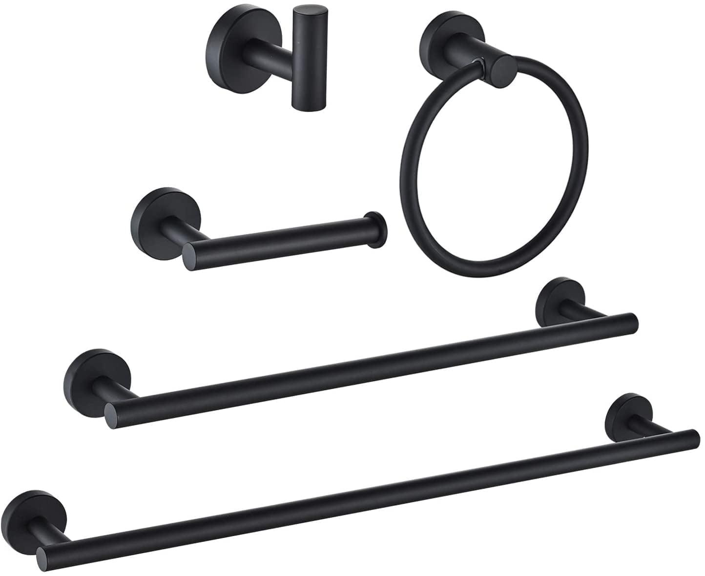 Marmolux Acc 5-Piece Matte Black Bathroom Hardware Set, Stainless Steel Wall Mount Towel Bar Set