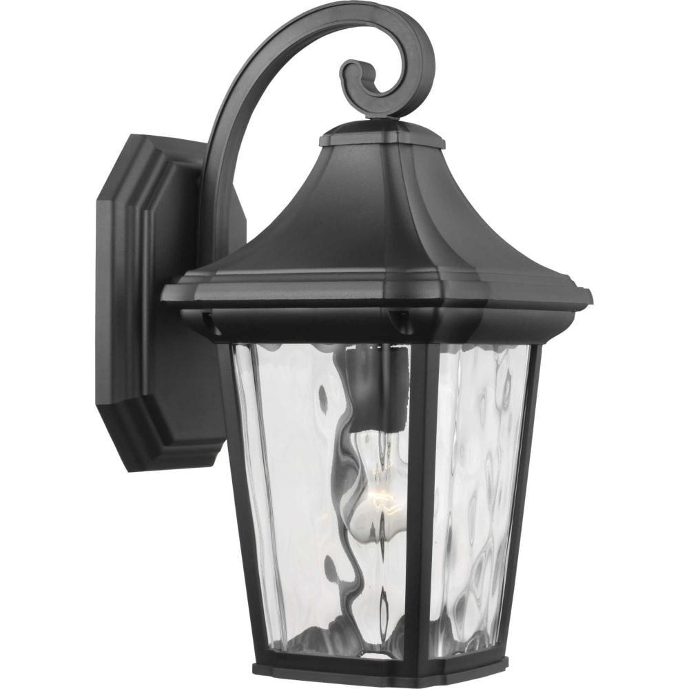 Progress Lighting Marquette 1-Light Outdoor Wall Lantern in Black with Water Glass Shade