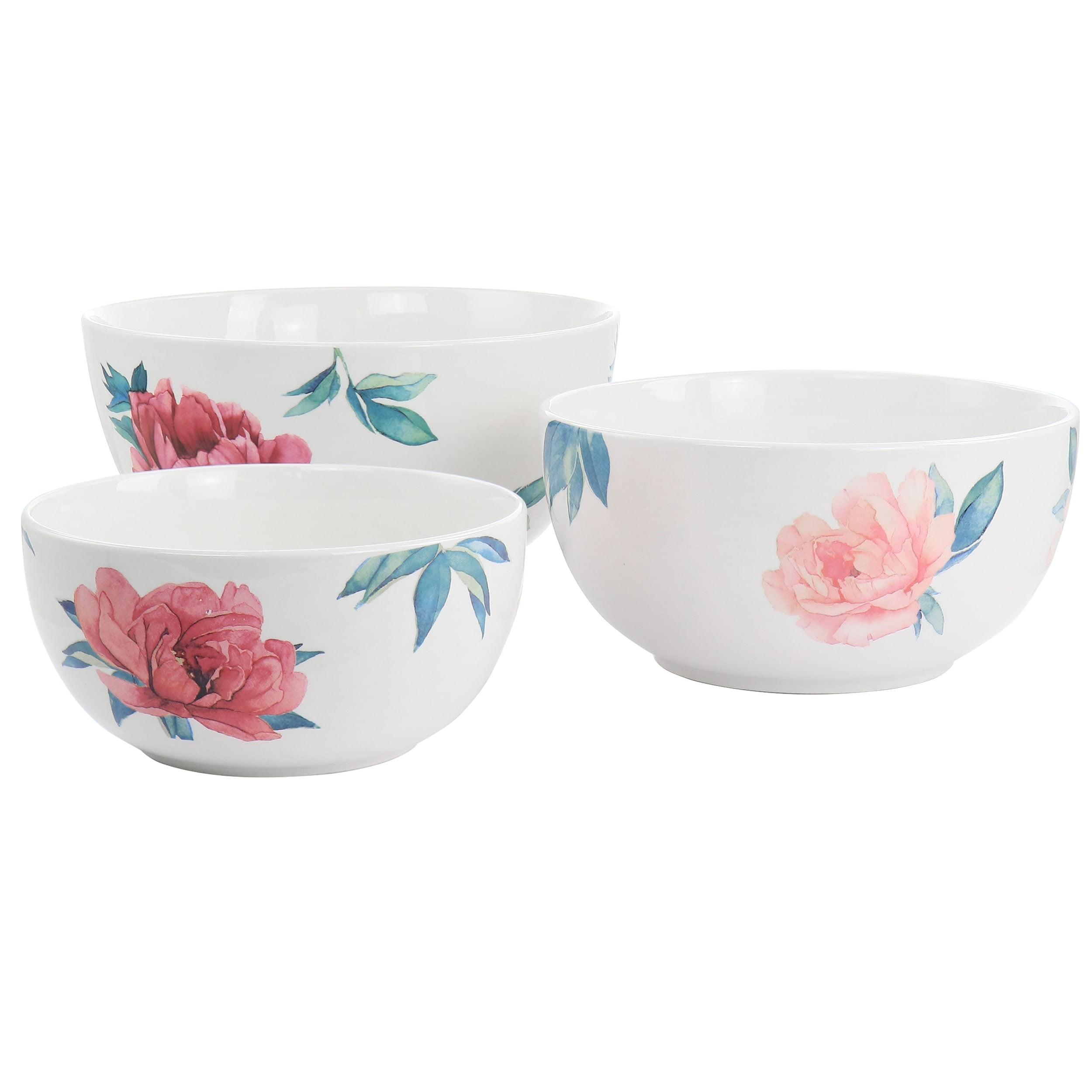 White Ceramic Floral 3-Piece Mixing and Serving Bowl Set