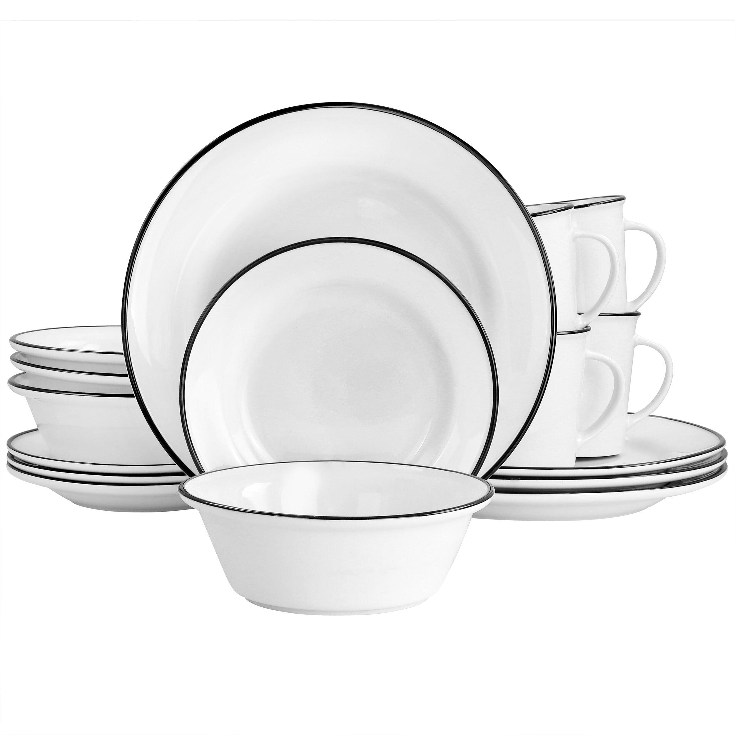 White Ceramic 16-Piece Dinnerware Set with Black Rim