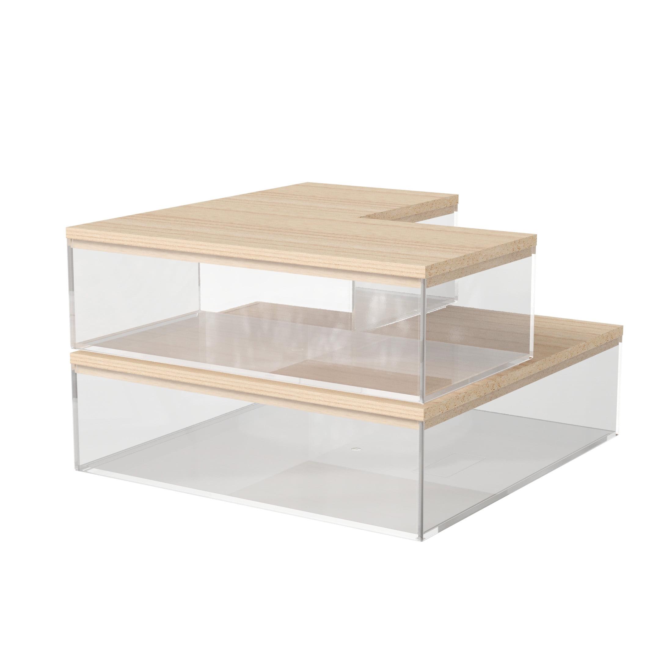 Clear Plastic Storage Organizer Bins with Light Wood Lids, Set of 3