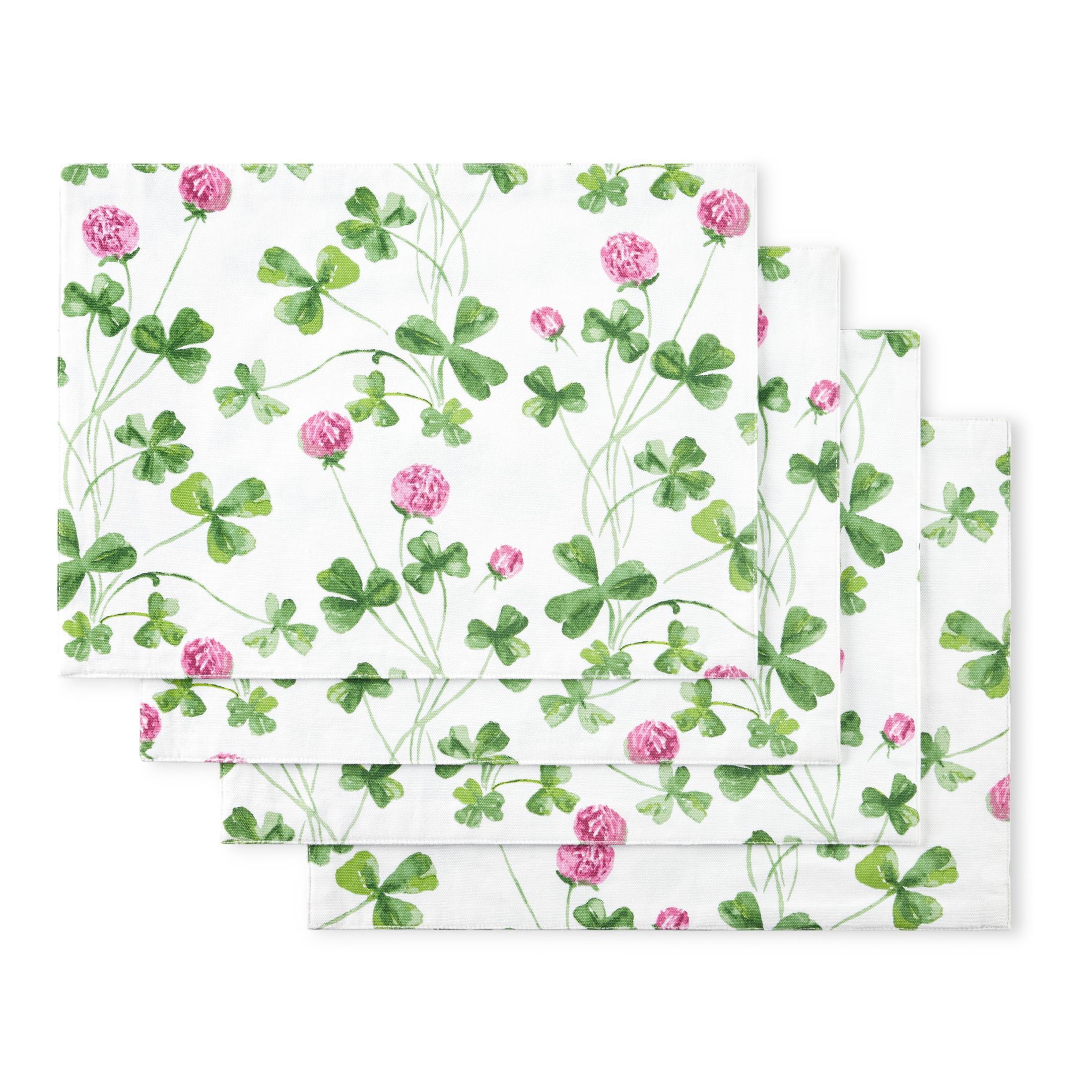 Clover Meadow White and Green Fabric Placemats, 13"x17.5", Set of 4