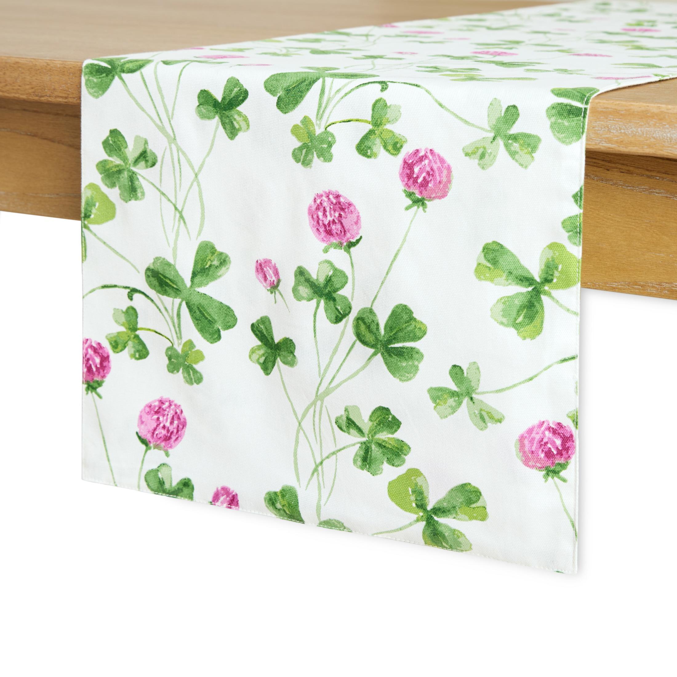 White and Green Cotton Polyester Reversible Table Runner