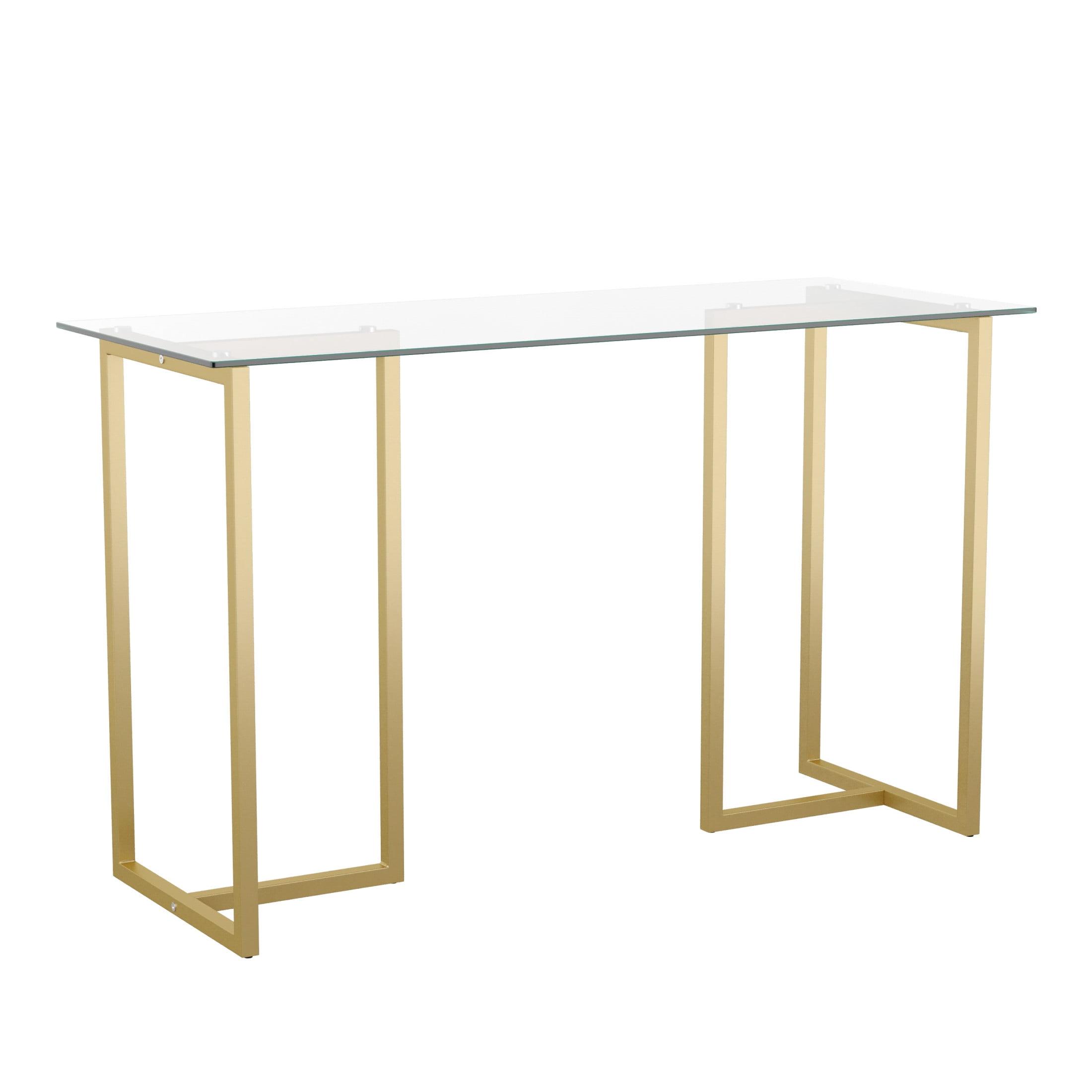 Clear Glass Top Desk with Polished Brass Frame for Home Office