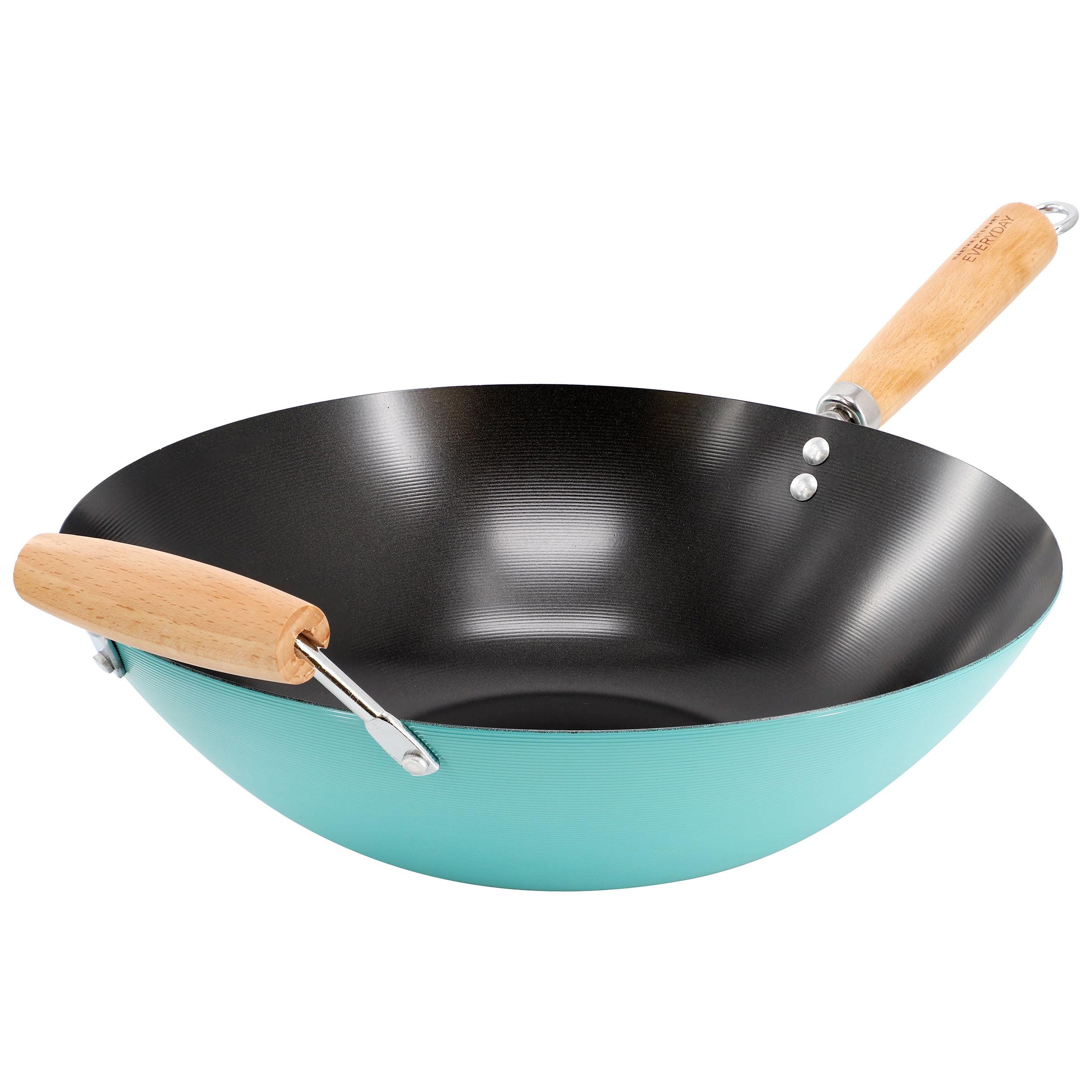 Martha Stewart Everyday Clarkston 14 Inch Nonstick Carbon Steel Wok with Wooden Handle in Teal