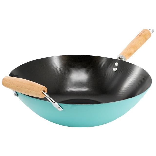Martha Stewart Everyday Clarkston 14 Inch Nonstick Carbon Steel Wok with Wooden Handle in Teal