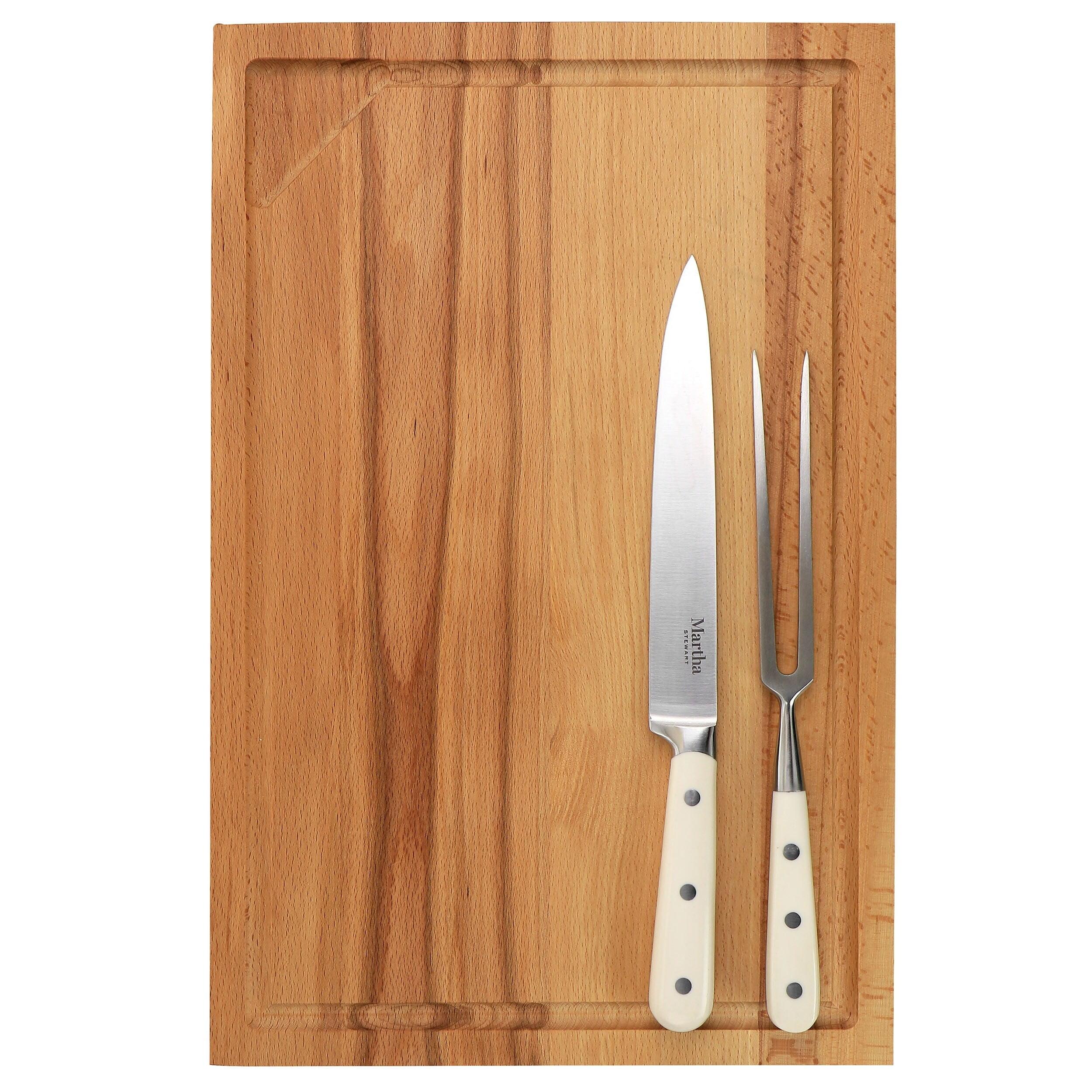 Cream Handle 3-Piece Beechwood Carving Board and Cutlery Set