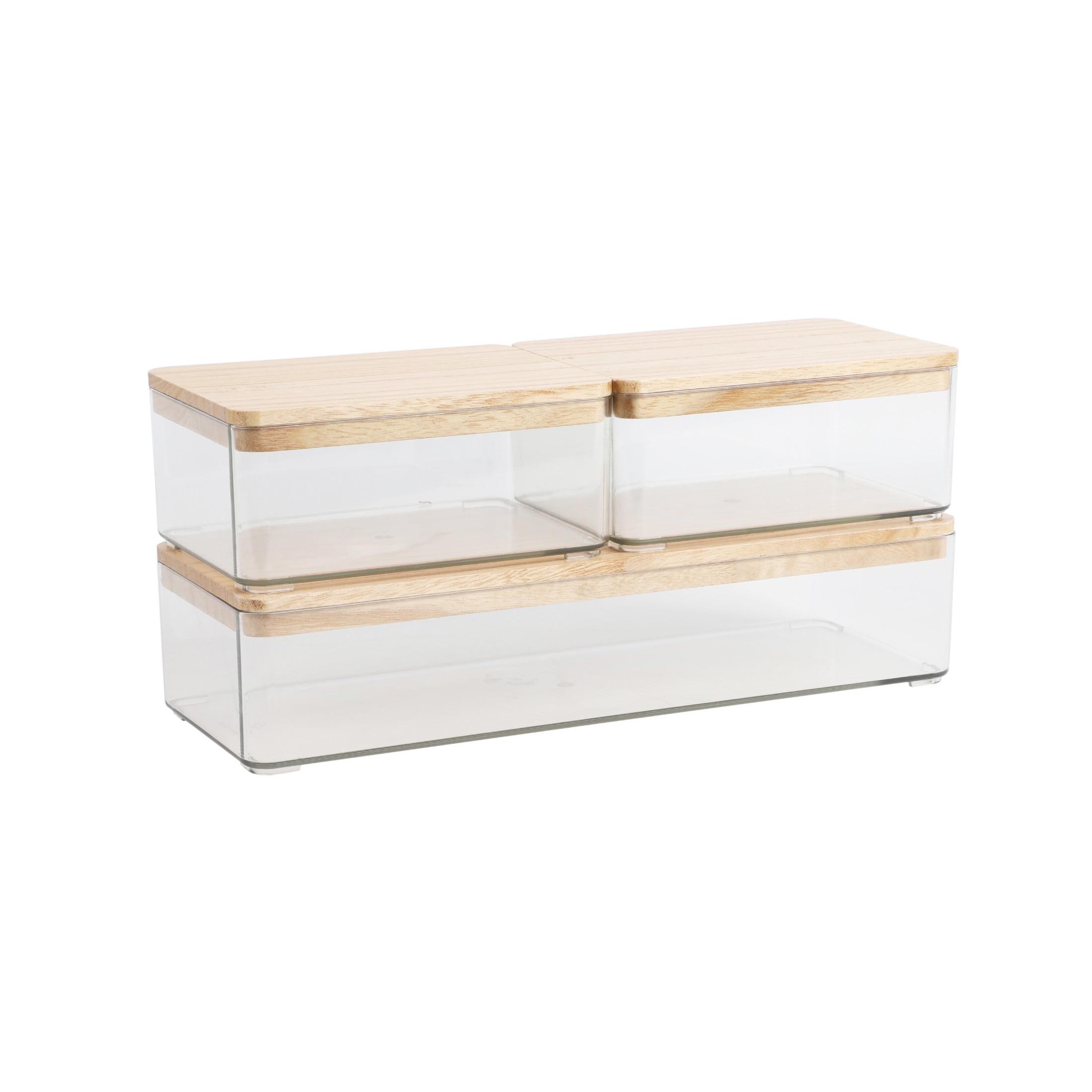 Clear Plastic Stackable Storage Boxes with Light Natural Paulownia Wood Lids, Set of 3