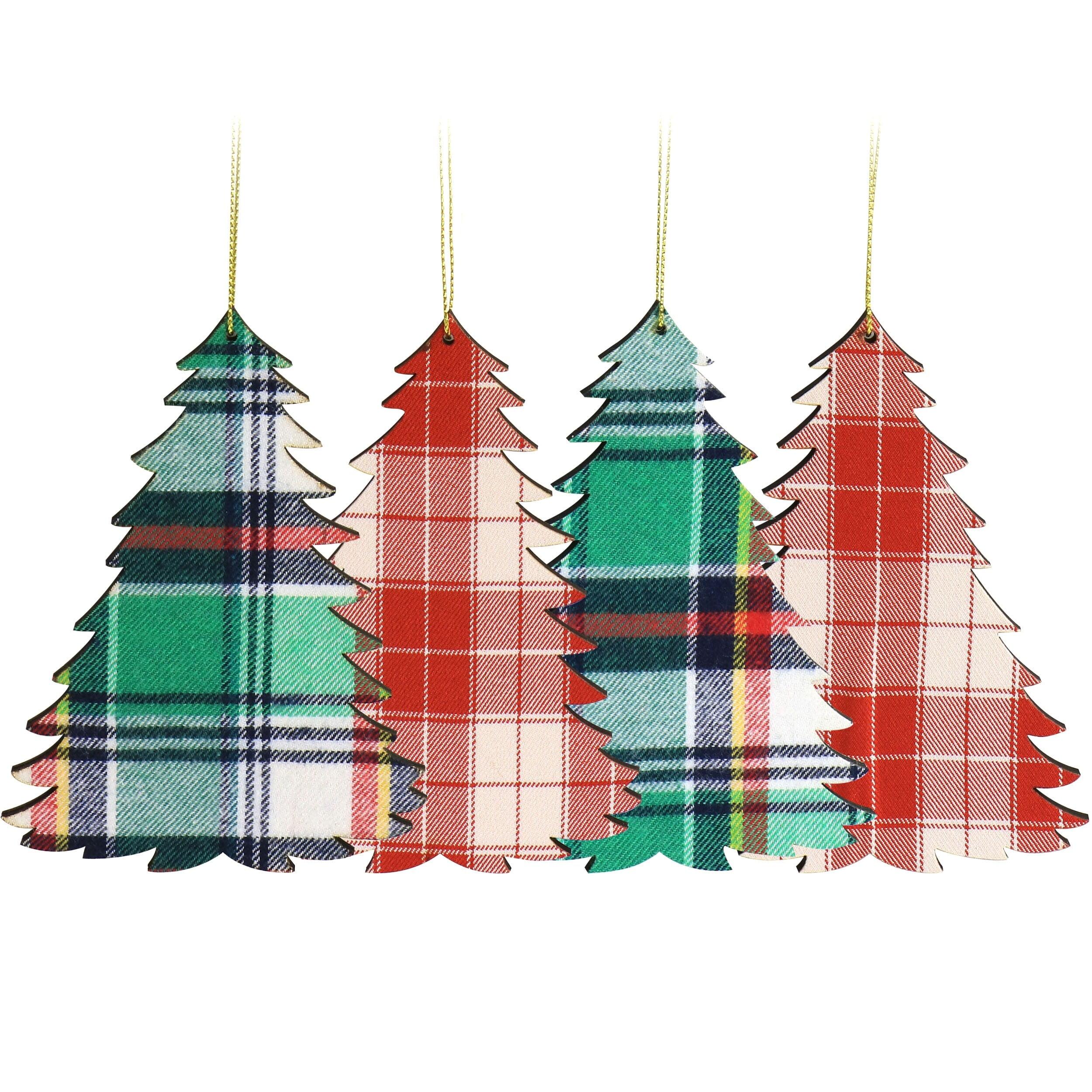 Plaid Pine Tree Wooden Holiday Ornaments Set of Four