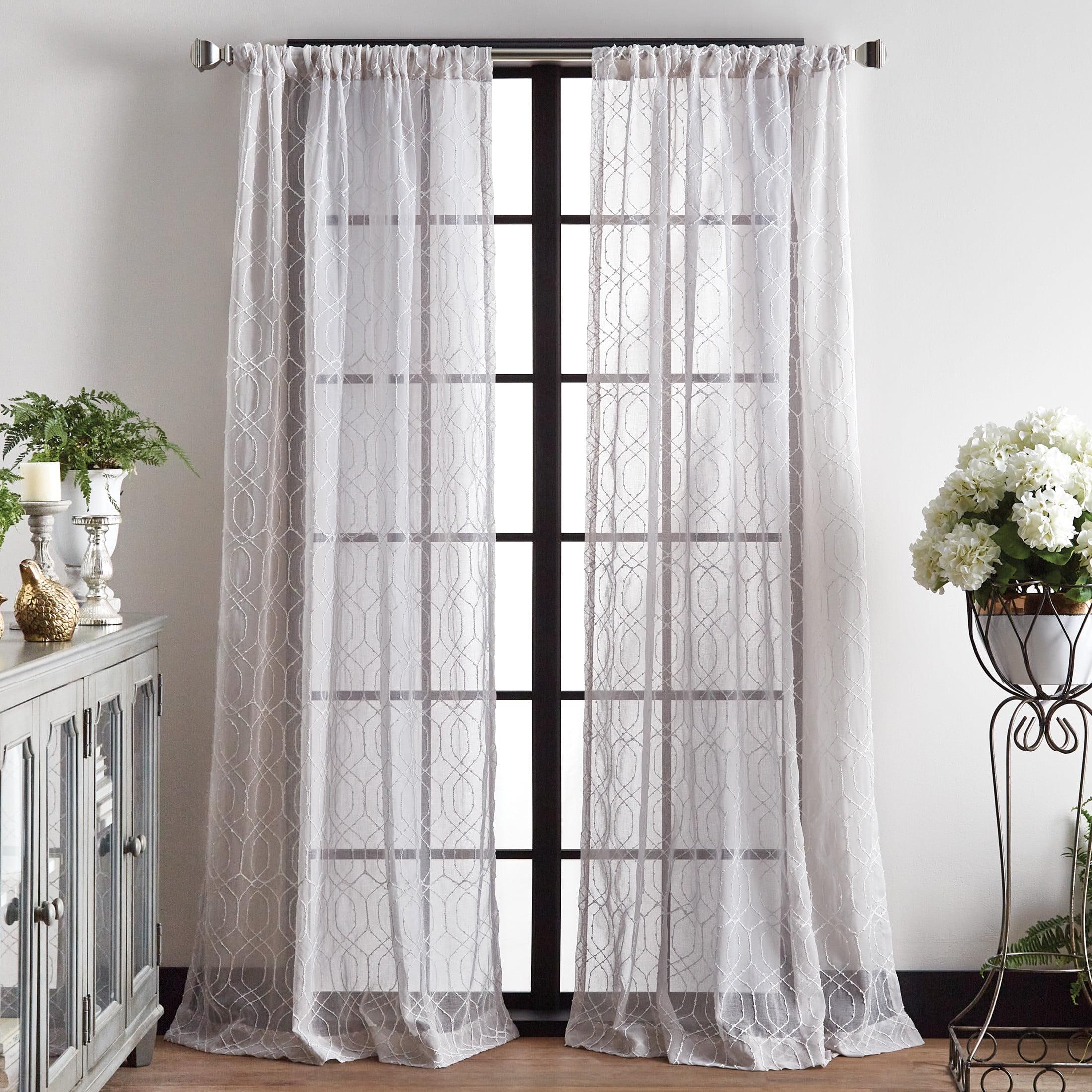 Silver Geometric Embroidered Sheer Rod Pocket Curtain Panels