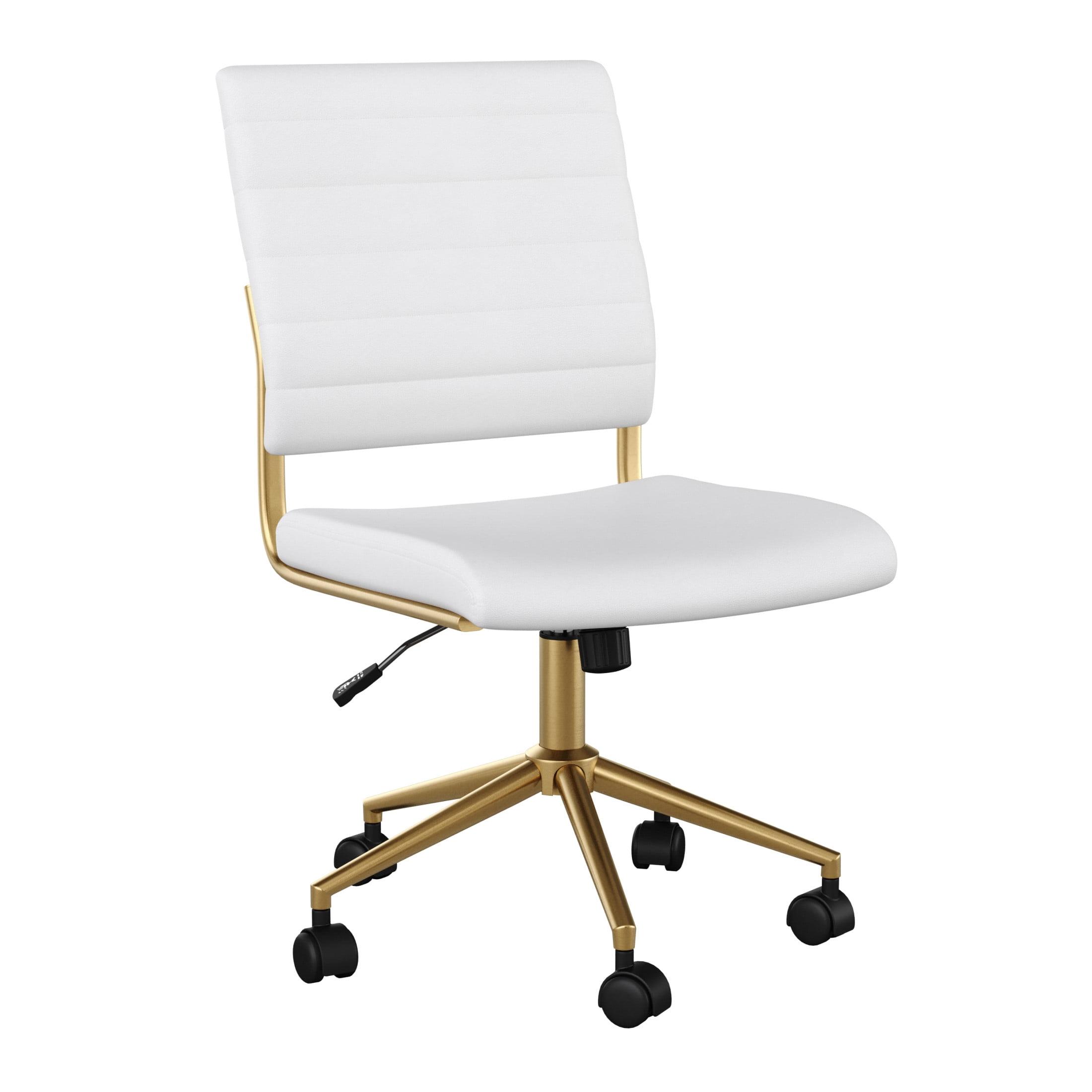 White Faux Leather Armless Swivel Office Chair with Brass Frame