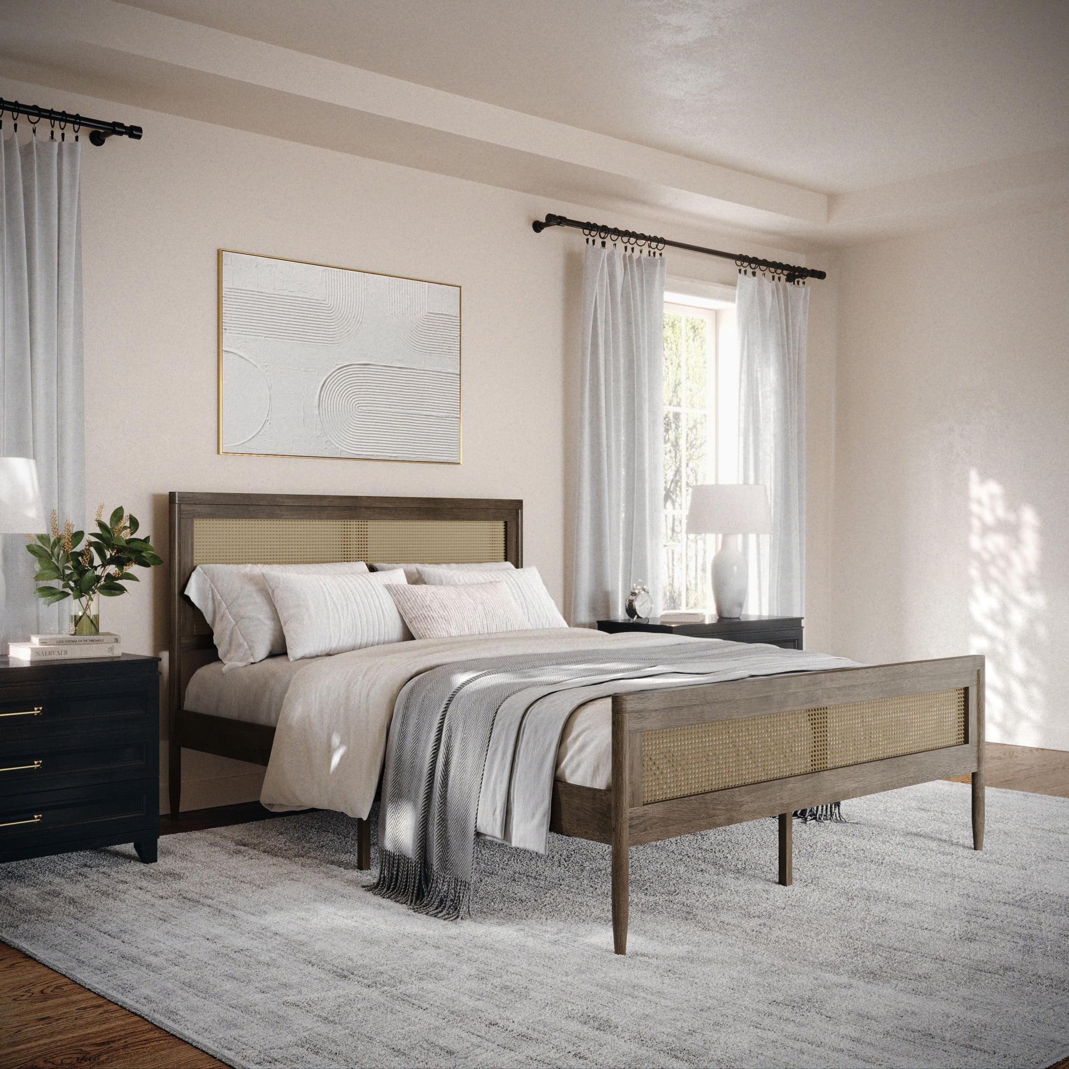 Brown Gray Queen Wood Platform Bed with Rattan Headboard and Footboard