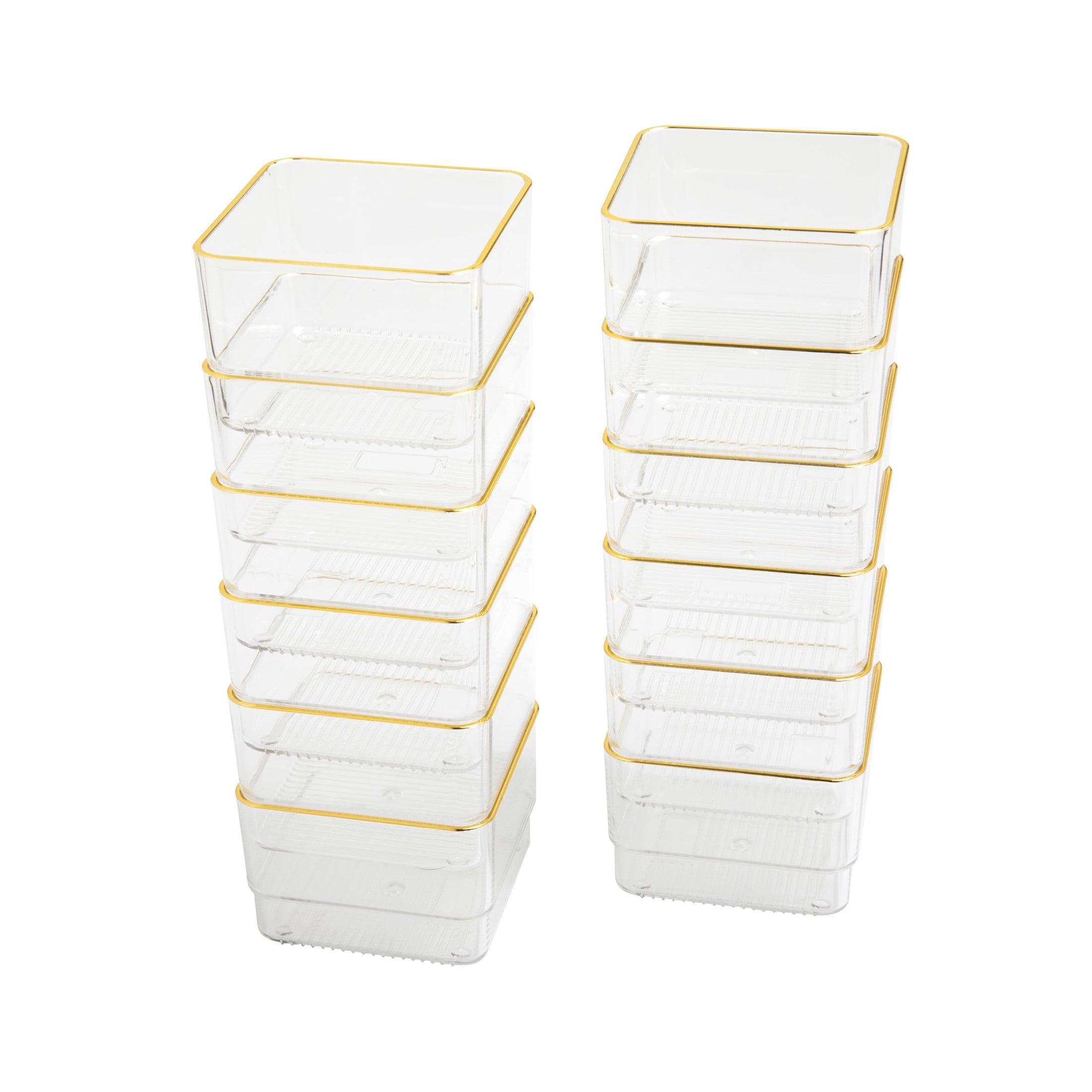 Martha Stewart Clear Plastic Stackable Desk Drawer Organizers with Gold Trim, 3" x 3", 12 Pack