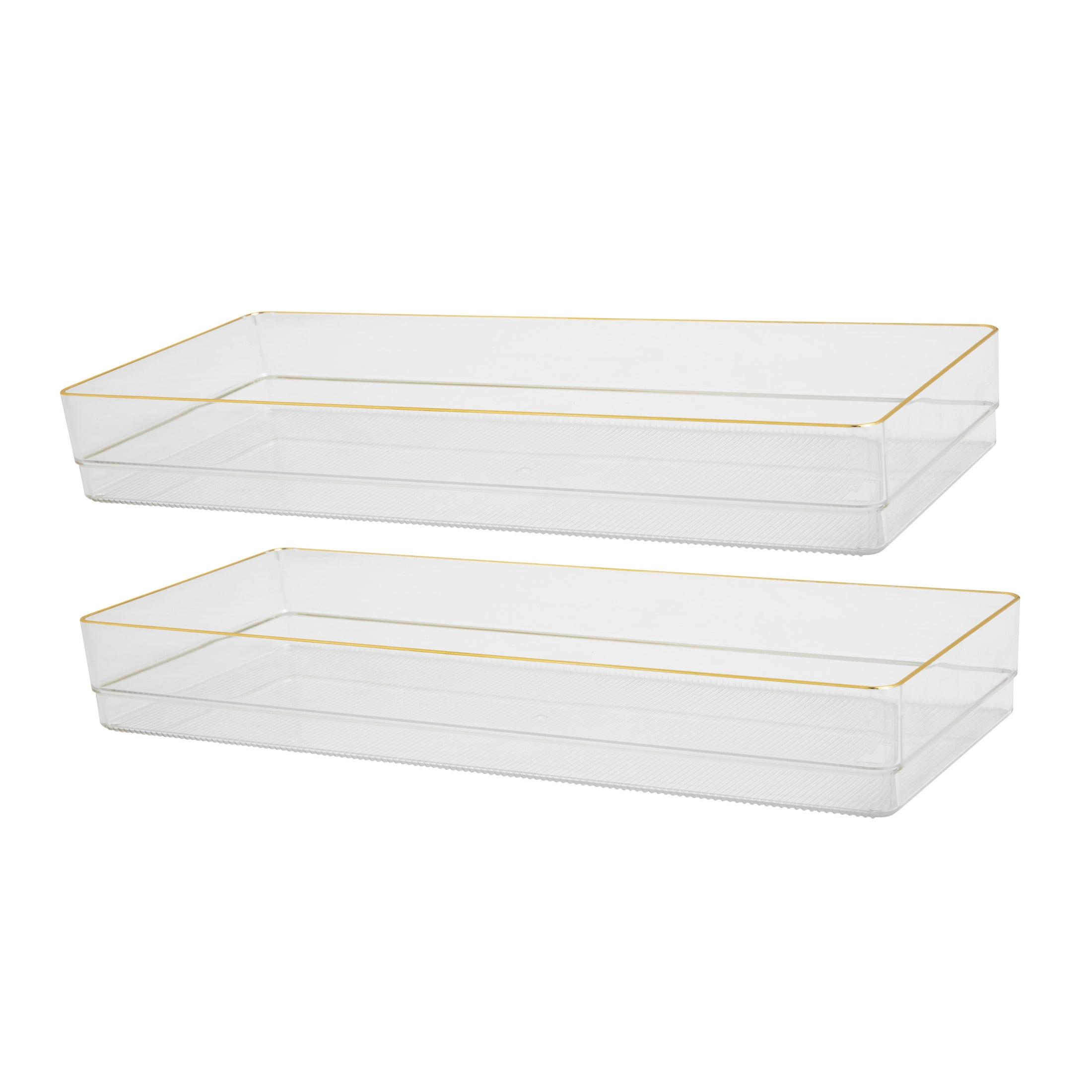 Martha Stewart Clear Plastic Stackable Desk Drawer Organizers with Gold Trim, 15" x 6", 2 Pack