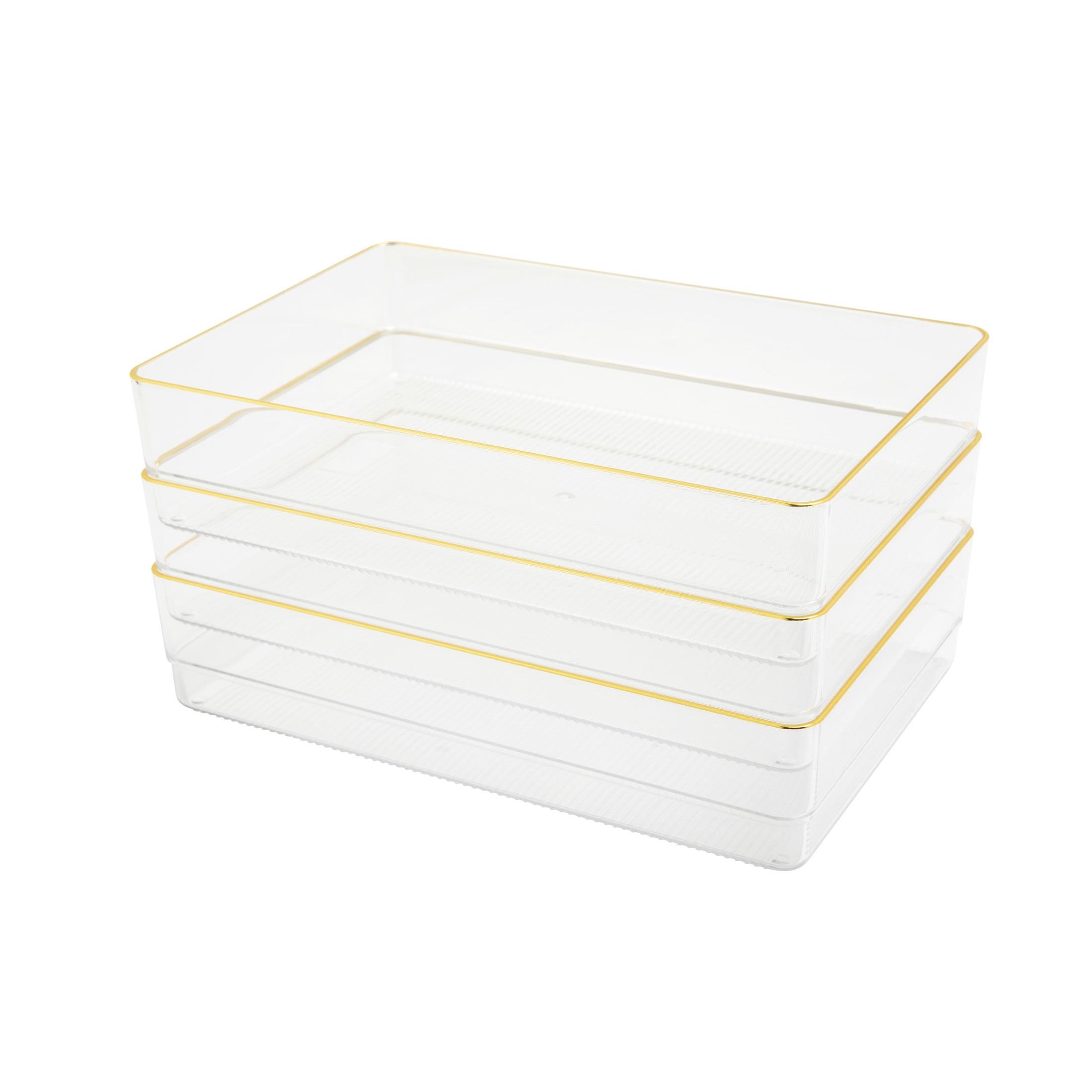 Clear Plastic Stackable Desk Drawer Organizers with Gold Trim, 9" x 6"