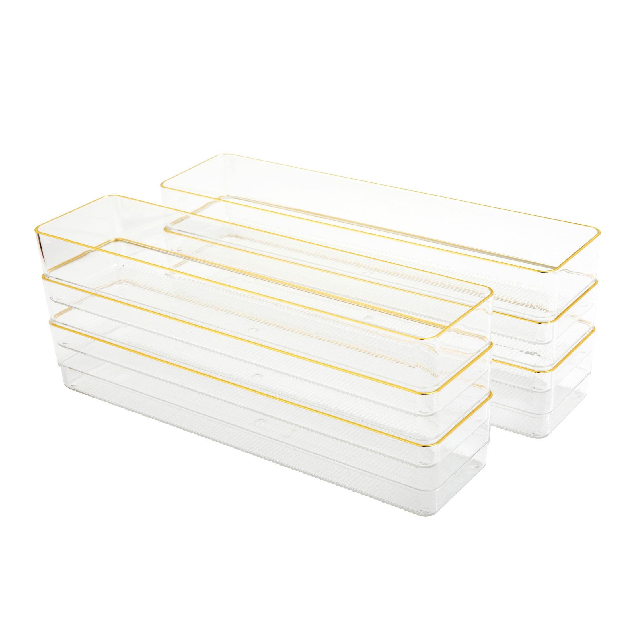 Martha Stewart Clear Plastic Stackable Desk Drawer Organizers with Gold Trim, 12" x 3"