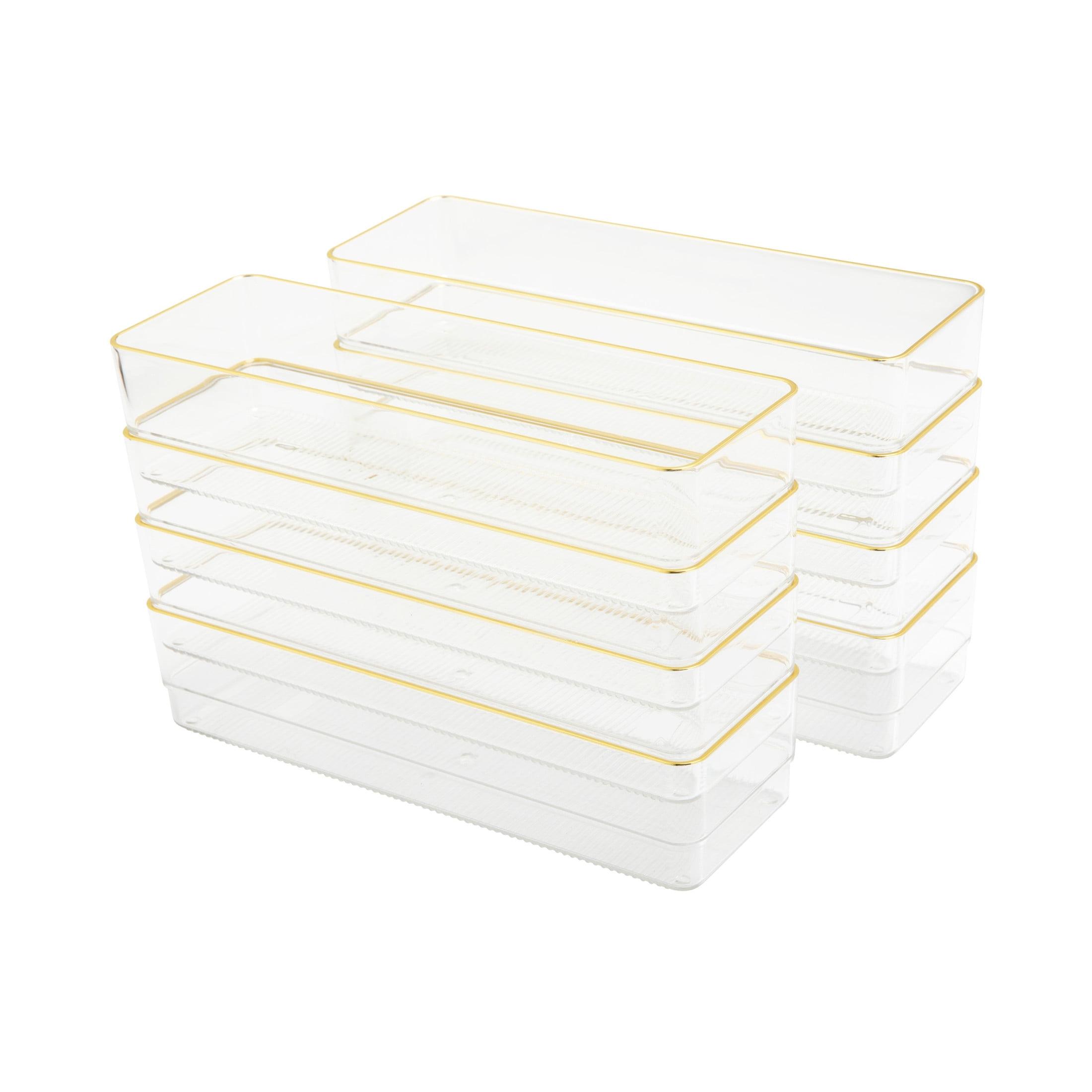 Martha Stewart Clear Plastic Stackable Desk Drawer Organizers with Gold Trim, 9" x 3"