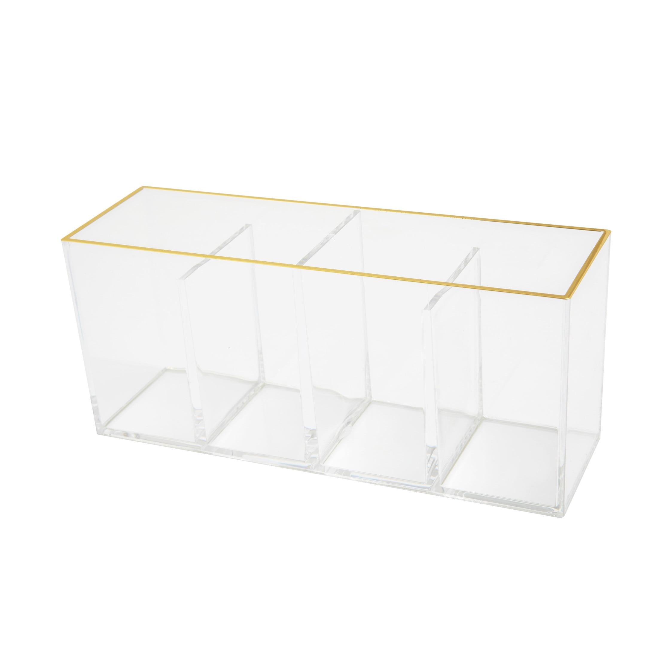 Clear Plastic 4 Compartment Pen Holder with Gold Trim