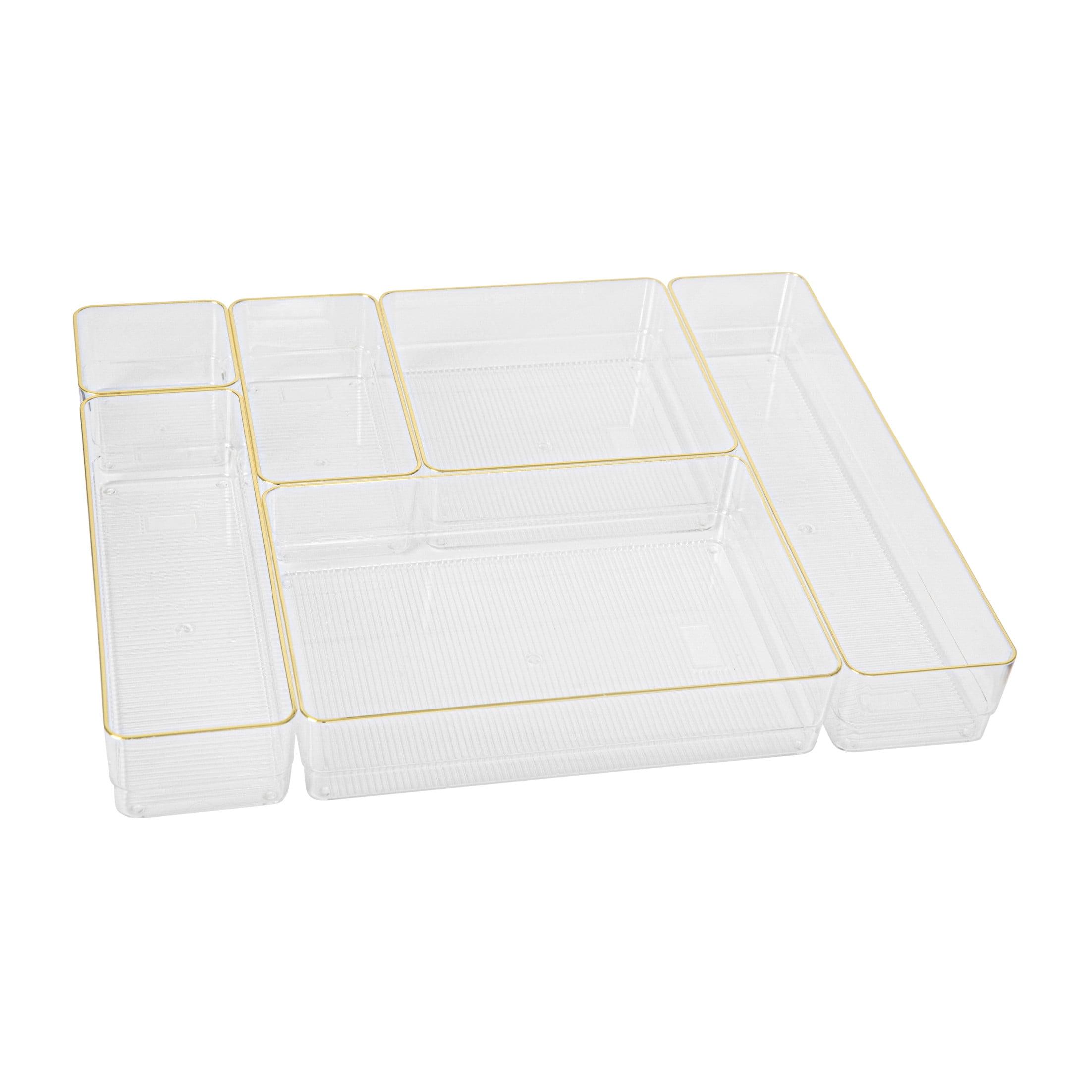 Clear Plastic Stackable Office Desk Drawer Organizers with Gold Trim, Set of 6