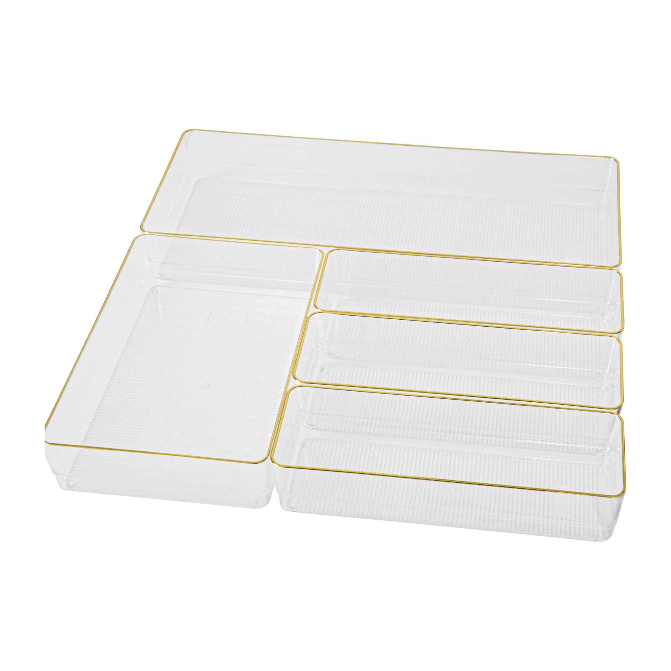 Clear Plastic Stackable Office Desk Drawer Organizers with Gold Trim, Set of 5