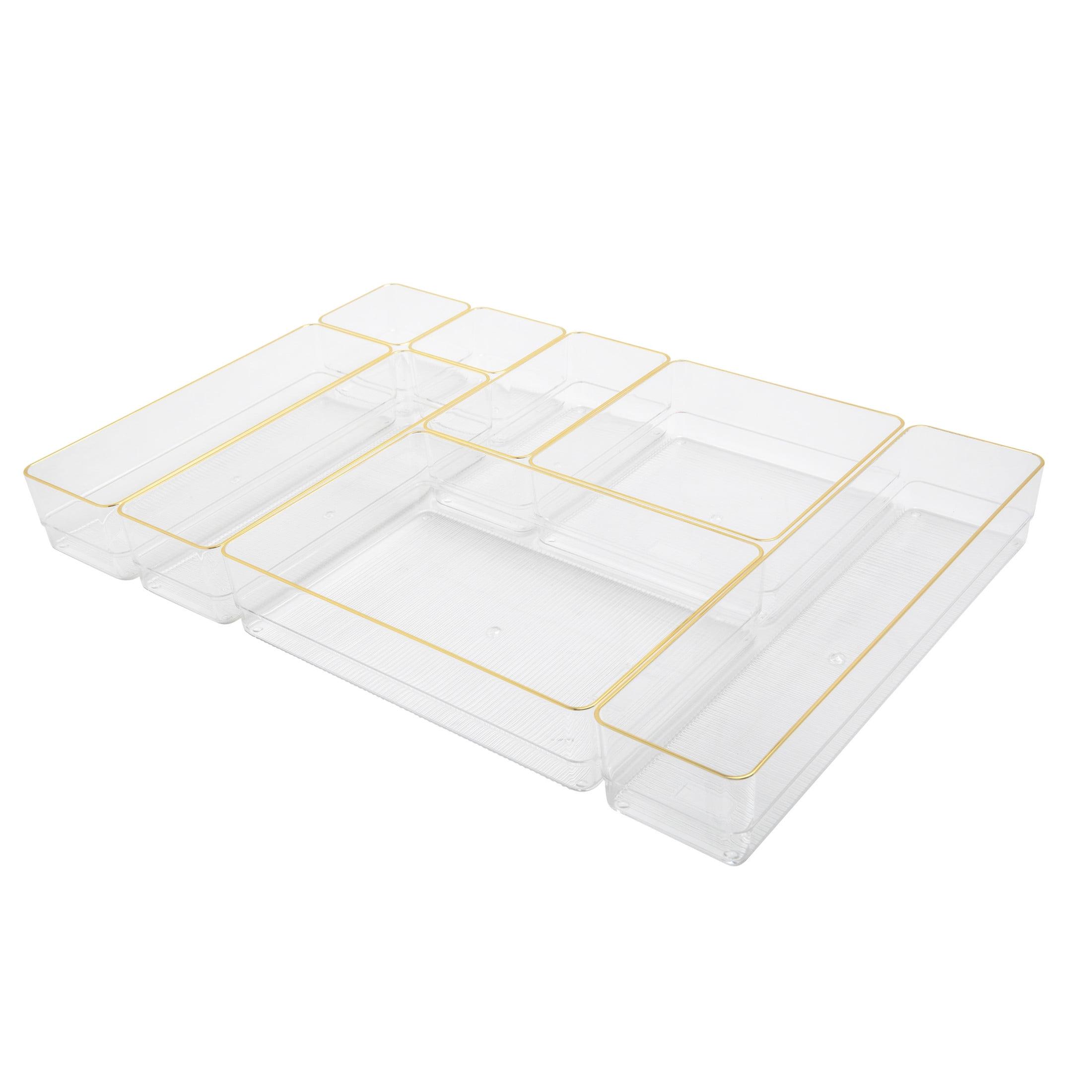 Martha Stewart Clear Plastic Stackable Desk Drawer Organizers with Gold Trim, Set of 8