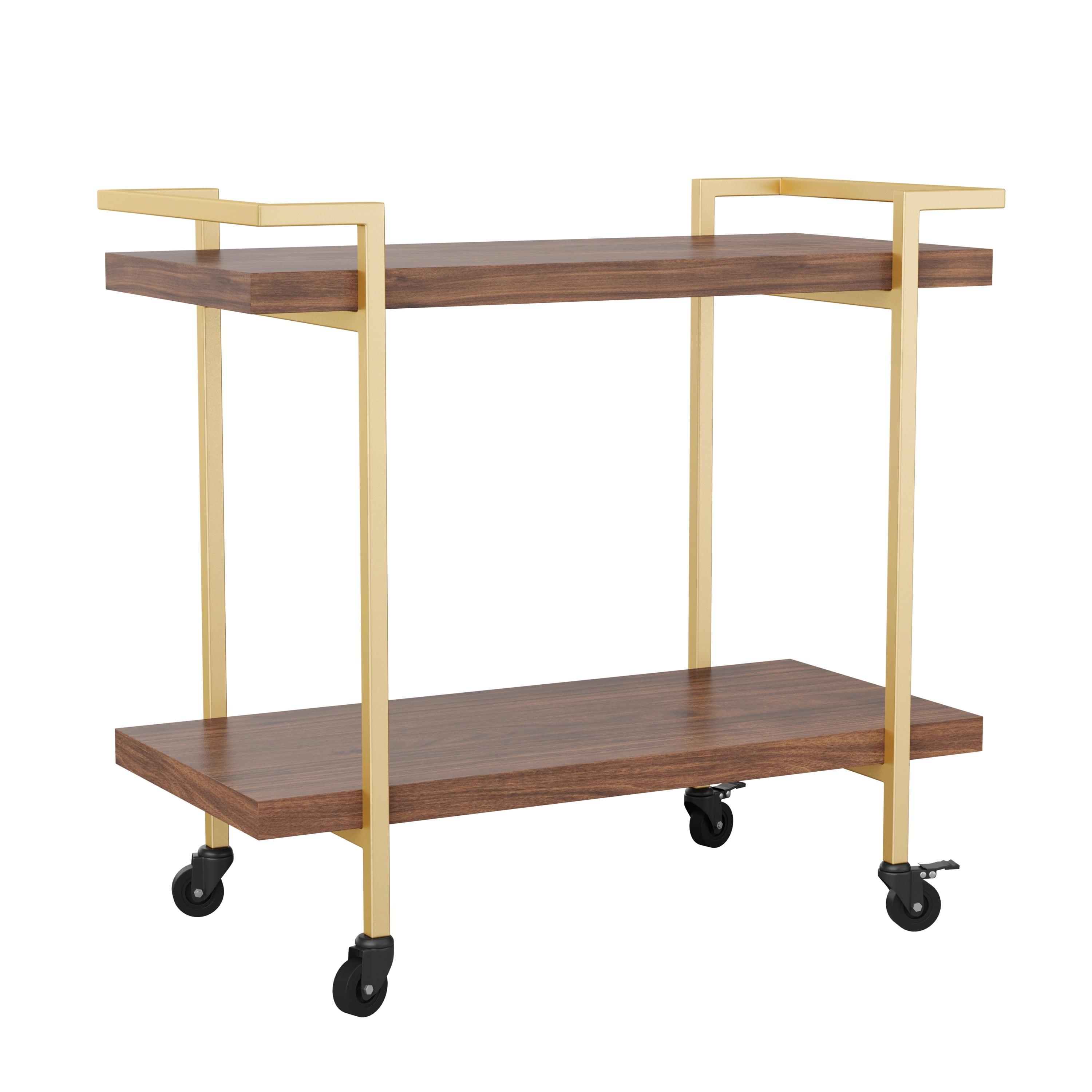 Walnut and Brass 2-Tier Mobile Office Printer Cart with Side Storage