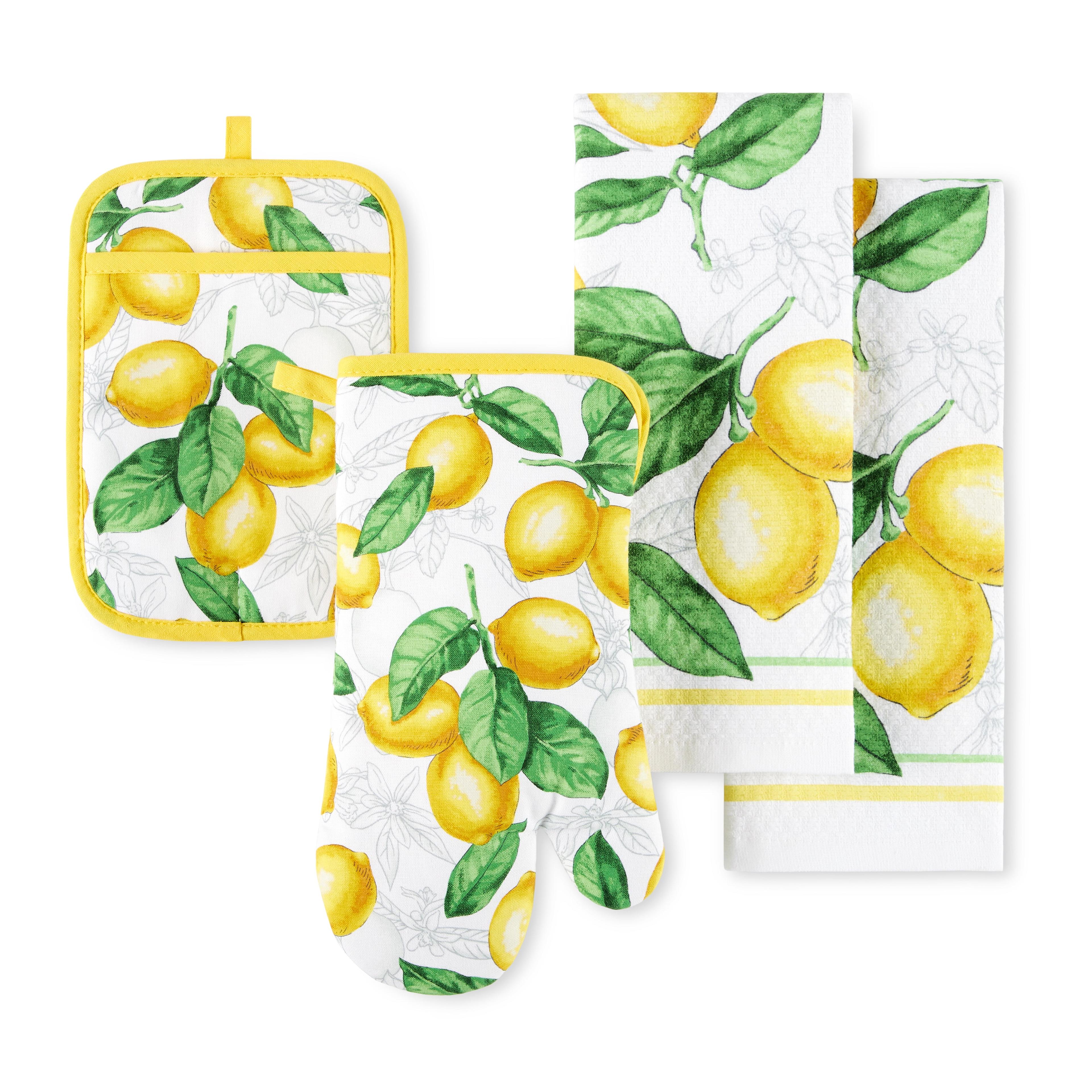 Lemon Print Cotton Kitchen Towel and Mitt Set, 4-Pack