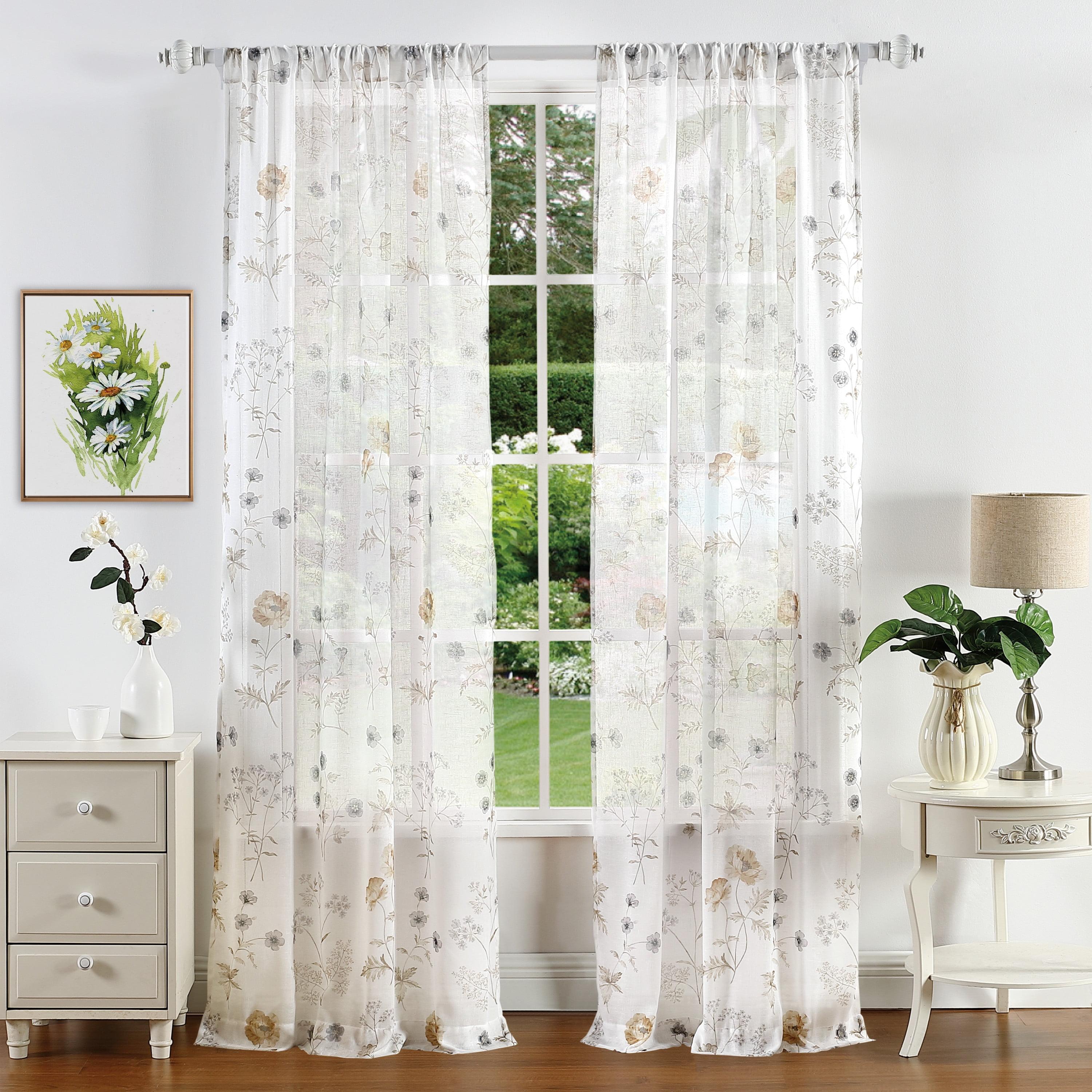 Gold Floral Semi-Sheer Rod Pocket Window Curtain Panel, 37" x 84"