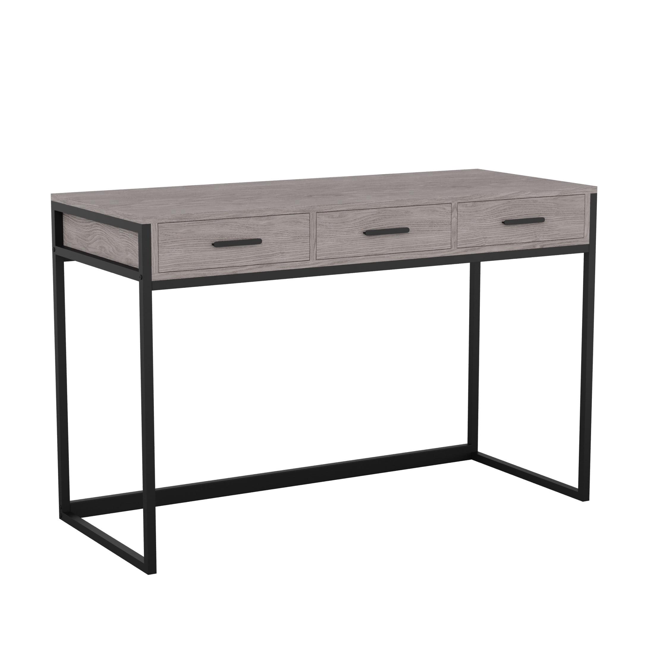 Gray Wood Grain Home Office Desk with Oil Rubbed Bronze Frame and Drawers