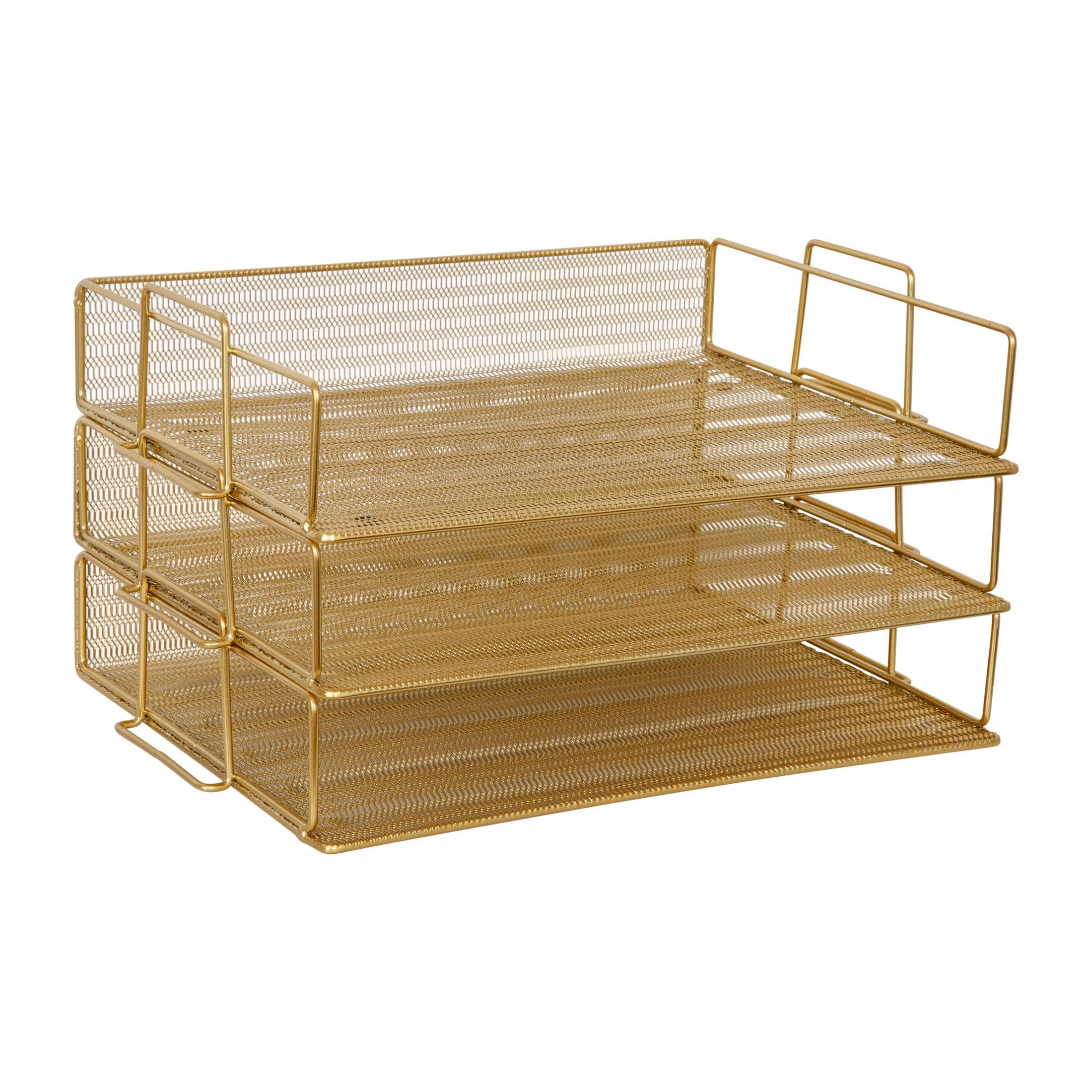 Gold 3-Tier Stackable Steel Mesh Letter Tray Organizer