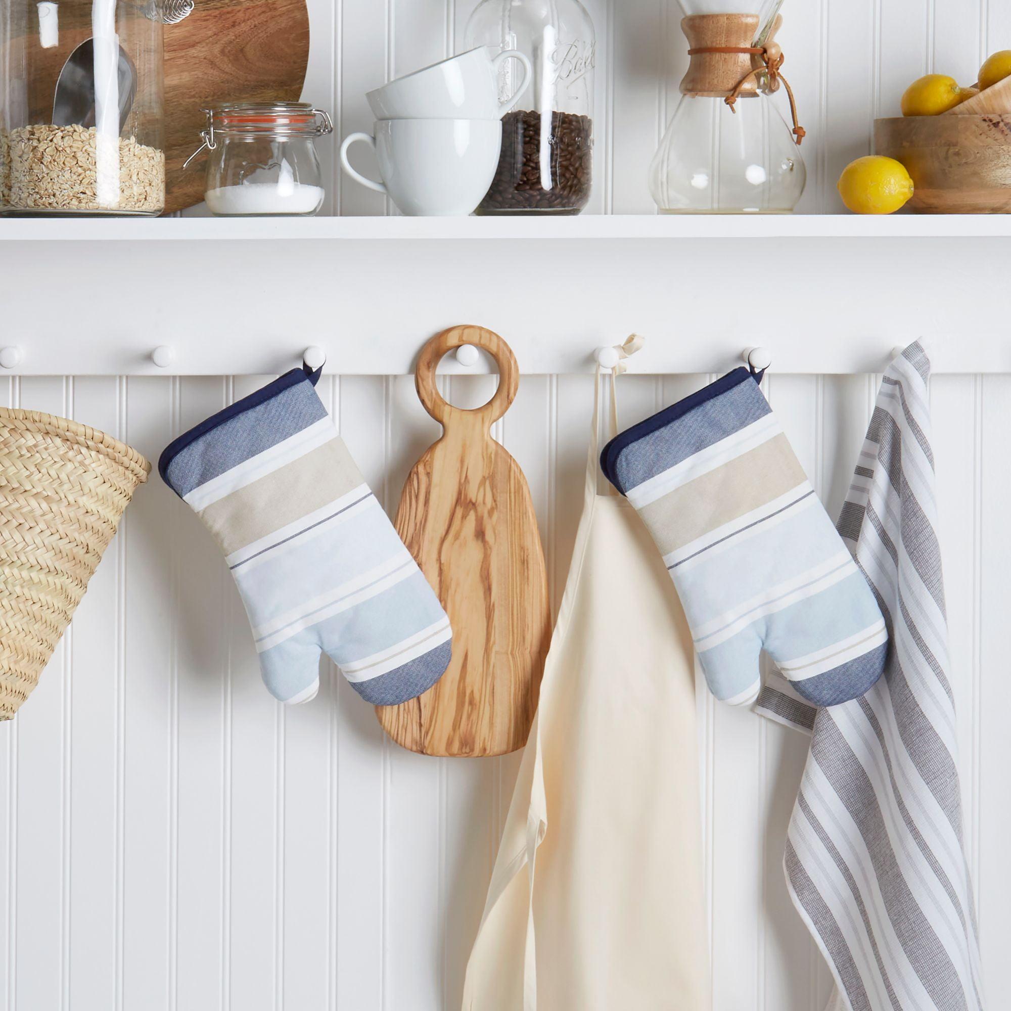 Blue and Beige Stripe Cotton Oven Mitt Set, 7"x13"