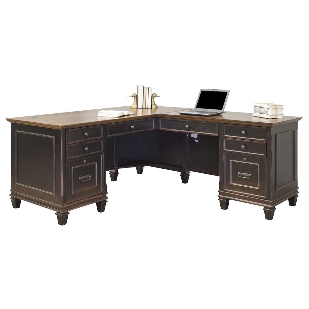 Martin Furniture Hartford L Shaped Pedestal Desk Brown: Executive Office Workstation with Metal Hardware