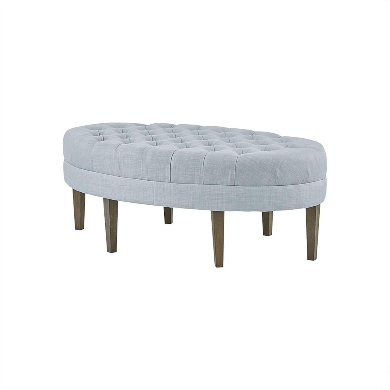 Dusty Blue Tufted Oval Wood Frame Ottoman